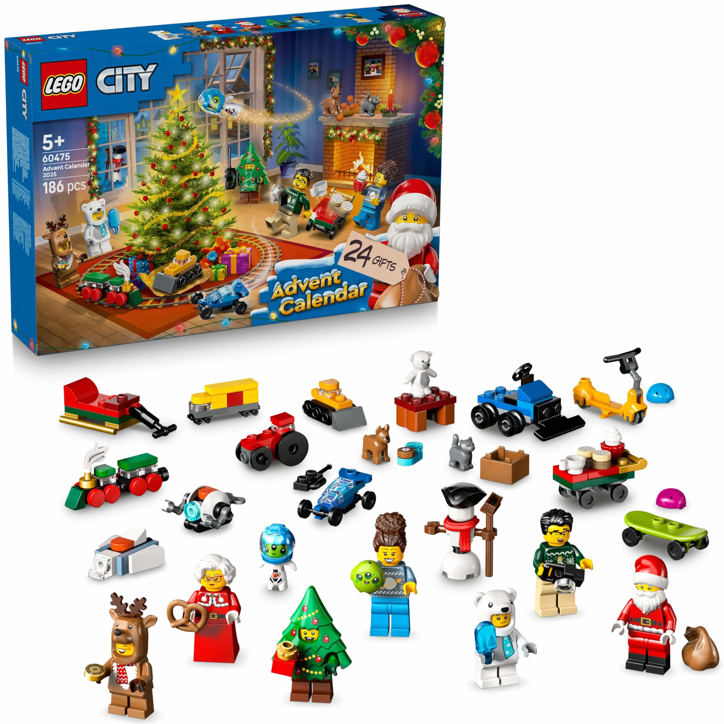 LEGO City Kalendarz adwentowy na 2025 rok, pomysł na świąteczny prezent dla dzieci na Mikołajki z 24 niespodziankami, w tym postaciami w świątecznych strojach, dla 5-latka, chłopca, dziewczynki 60475