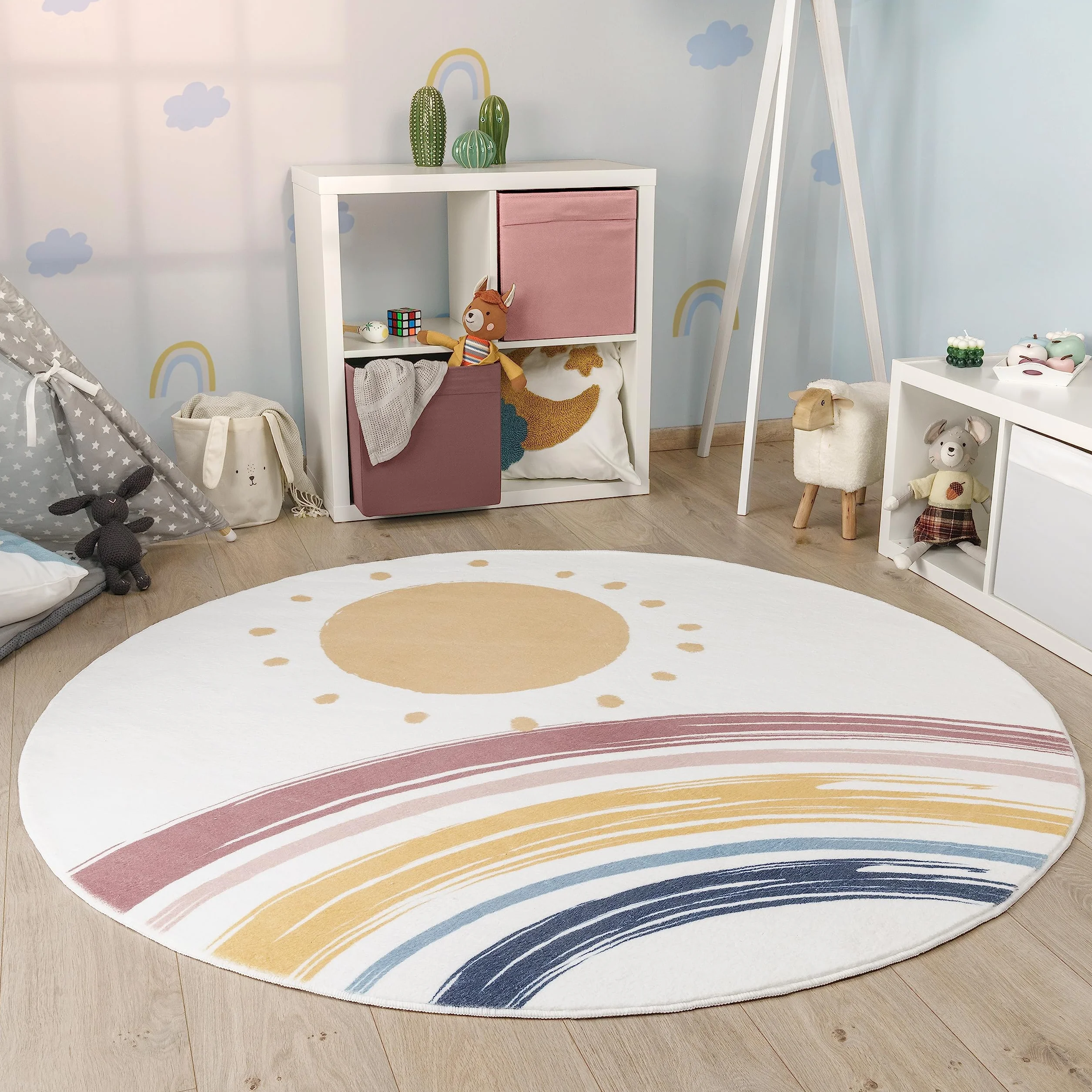 Paco Home Dywan Okrągły Dla Dzieci Tęczowy 100 cm Biały