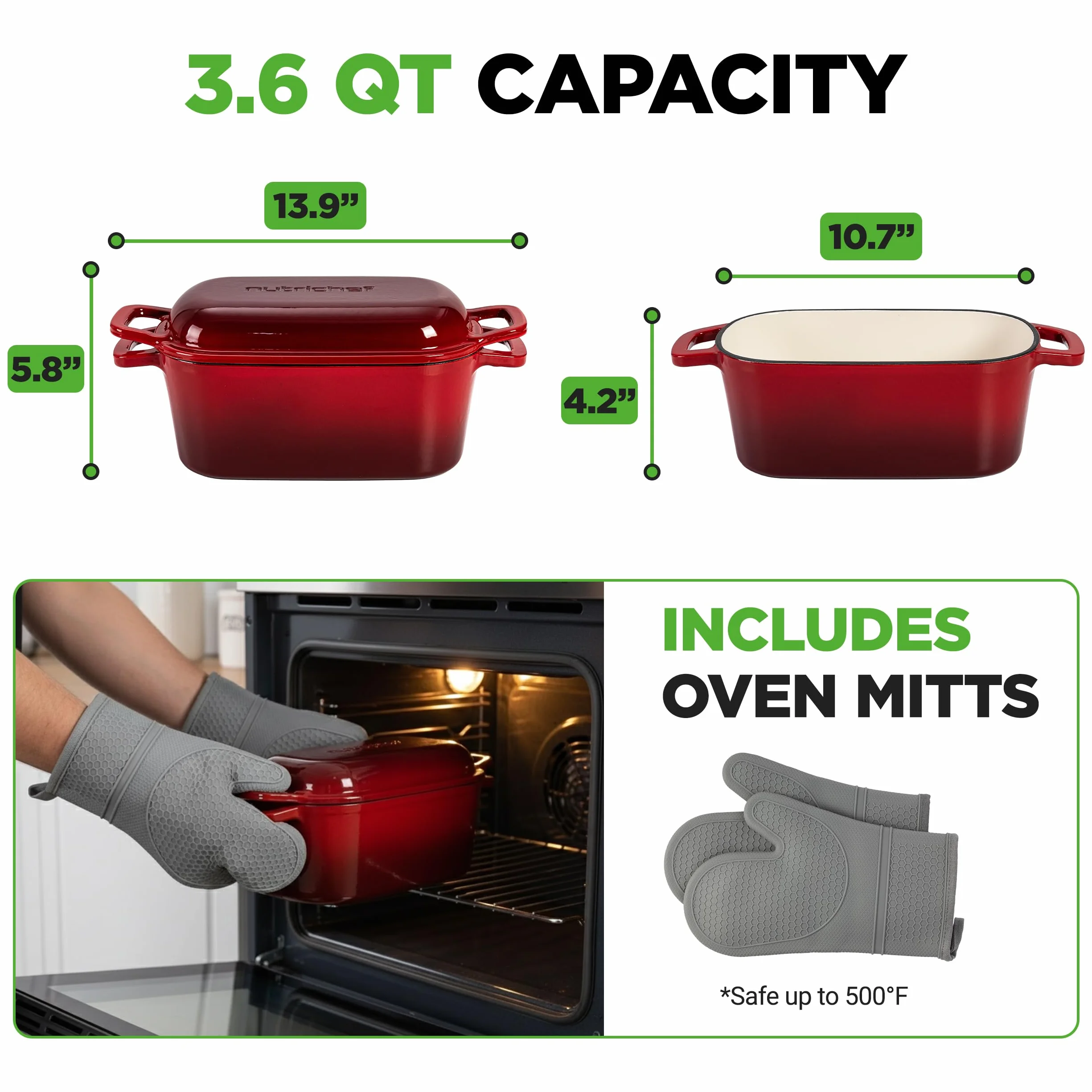NutriChef 10" emaliowana żeliwna forma do chleba z pokrywką, owalna forma typu Dutch oven z silikonowymi rękawicami, odporna na temperaturę do 260°C, do pieczenia, pieczenia mięs, duszenia, czerwona