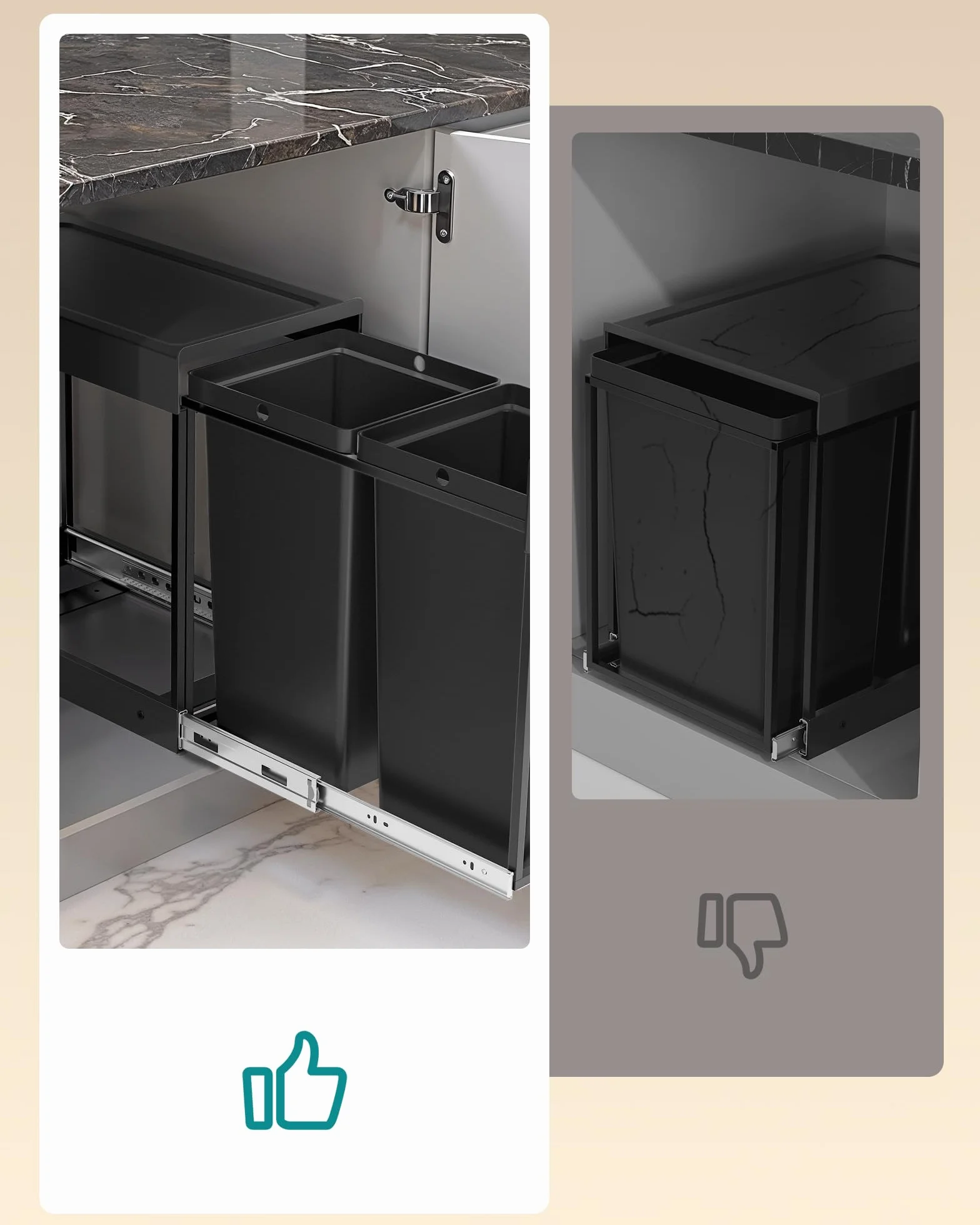 SONGMICS Kosz na odpady kuchenne, system segregacji odpadów pod szafką, 2 x 15 l, 2-komorowy, wysuwany, rama stalowa, pokrywa ABS, kolor czarny atramentowy LTB950B01