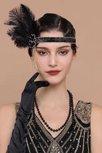 BABEYOND Flapper opaska na czoło Gatsby z lat 20. XX wieku - ozdoba głowy z piórami na wesele i festiwal, damskie akcesoria vintage, czarno-złote