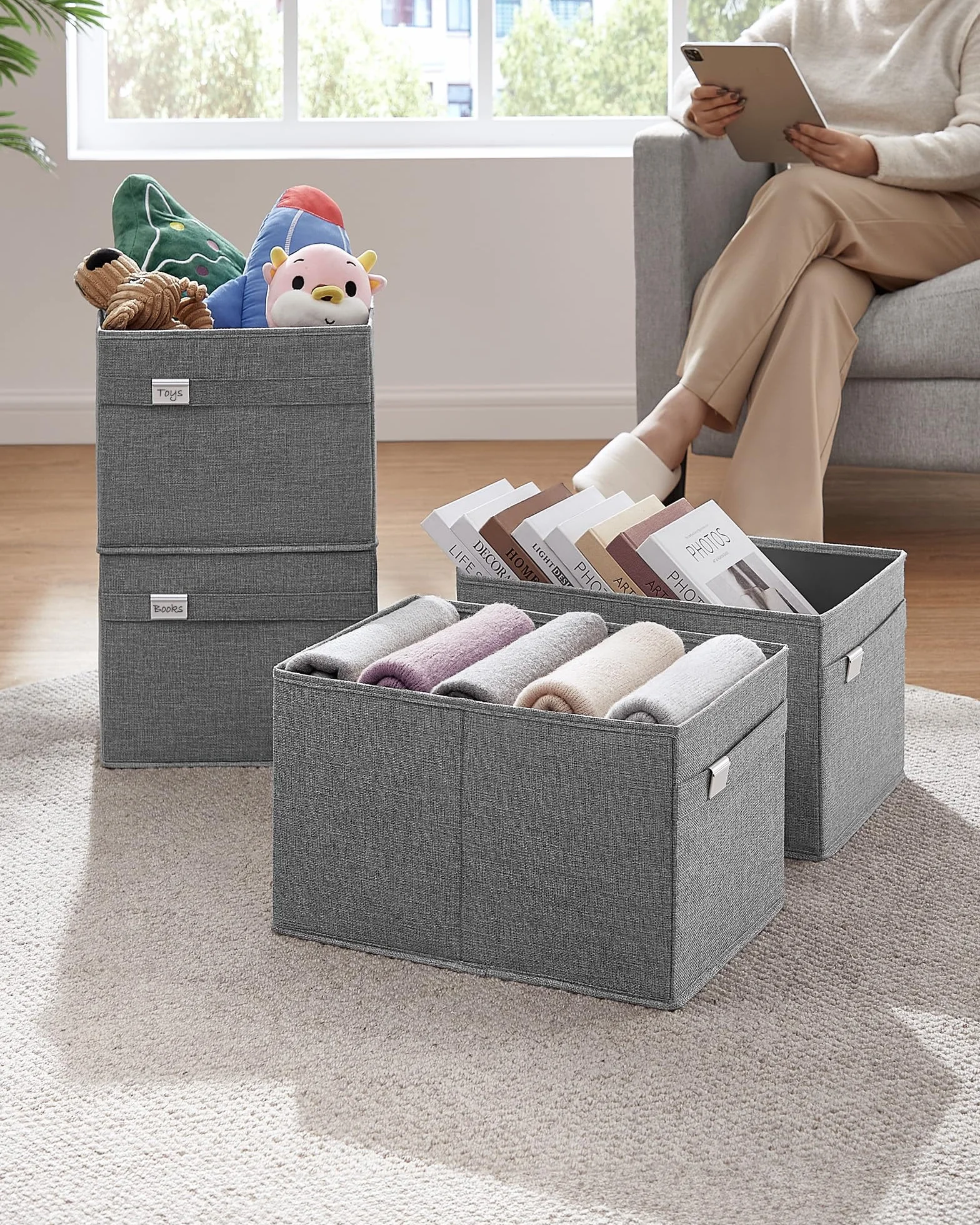 SONGMICES ROB240G04 Organizery do przechowywania, 40 x 30 x 25 cm, 2 uchwyty, składane, tkanina Oxford i tkanina o wyglądzie lnu, zmywalne, metalowe uchwyty na etykiety, szary Dove Grey