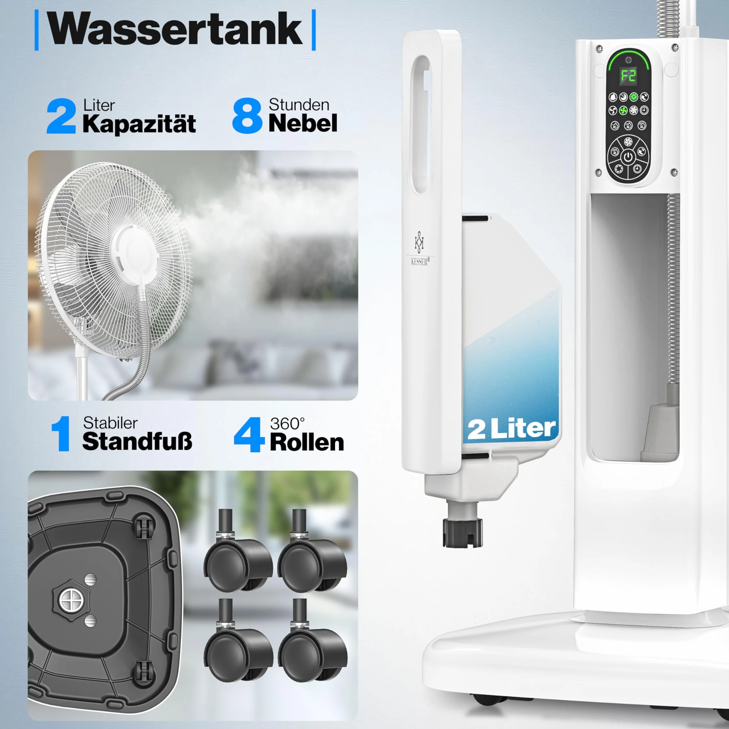 KESSER Frosty wentylator stojący z wodą ultradźwiękowy nawilżacz powietrza z pilotem i timerem