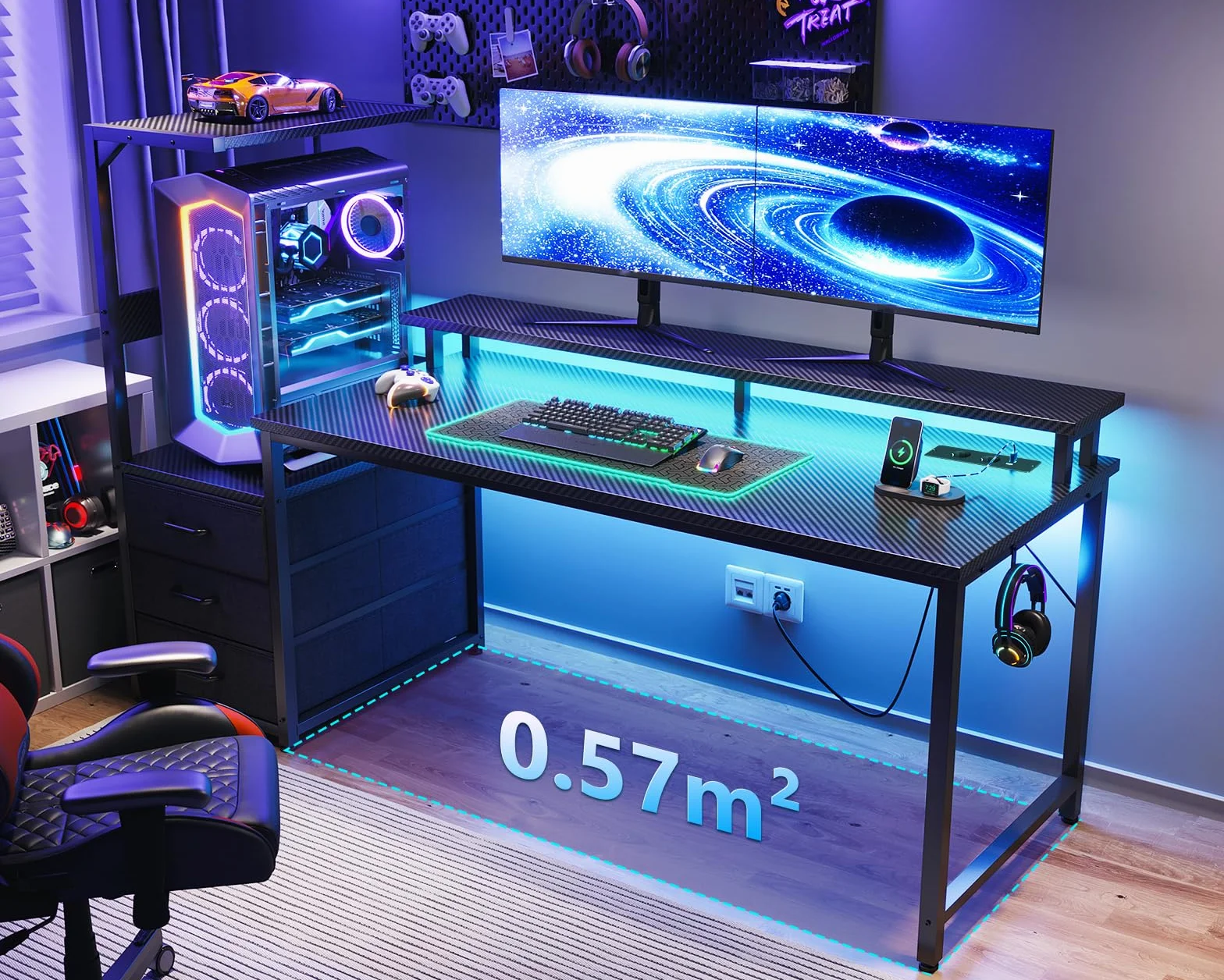 Coleshome Biurko Gamingowe LED 151 cm z Gniazdkiem i Szufladami, Stojak na Monitor, Włókno Węglowe Czarne