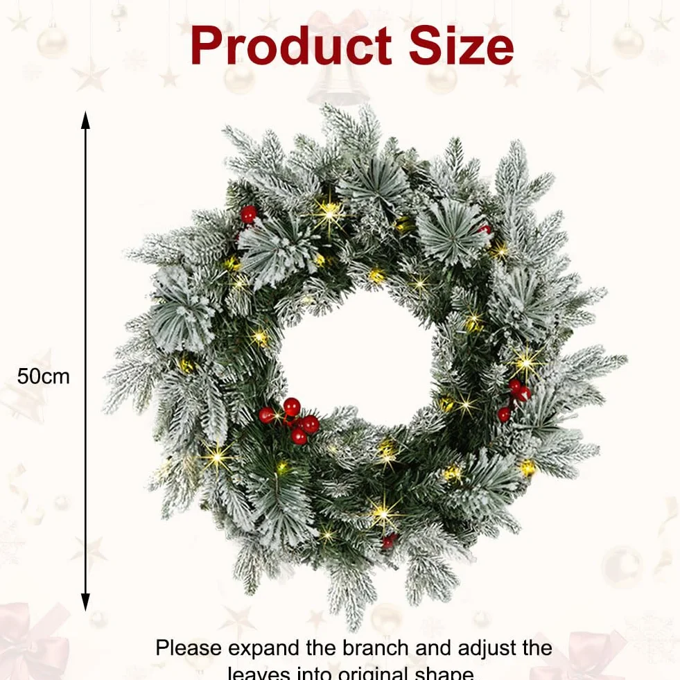 50 cm sztuczny wieniec bożonarodzeniowy z 50 diodami LED, ozdobiony czerwonymi jagodami, mroźne gałęzie, dekoracja bożonarodzeniowa do drzwi na ścianę do wewnątrz i na zewnątrz