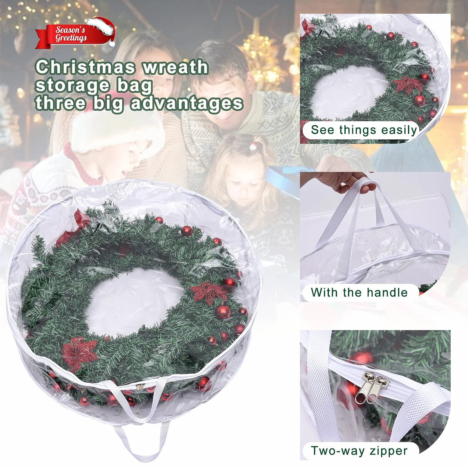 Pojemnik do przechowywania wieńca bożonarodzeniowego, 80 cm, przezroczysta torba do przechowywania wieńca, z podwójnymi zamkami błyskawicznymi i solidnymi uchwytami na świąteczne wieńce świąteczne