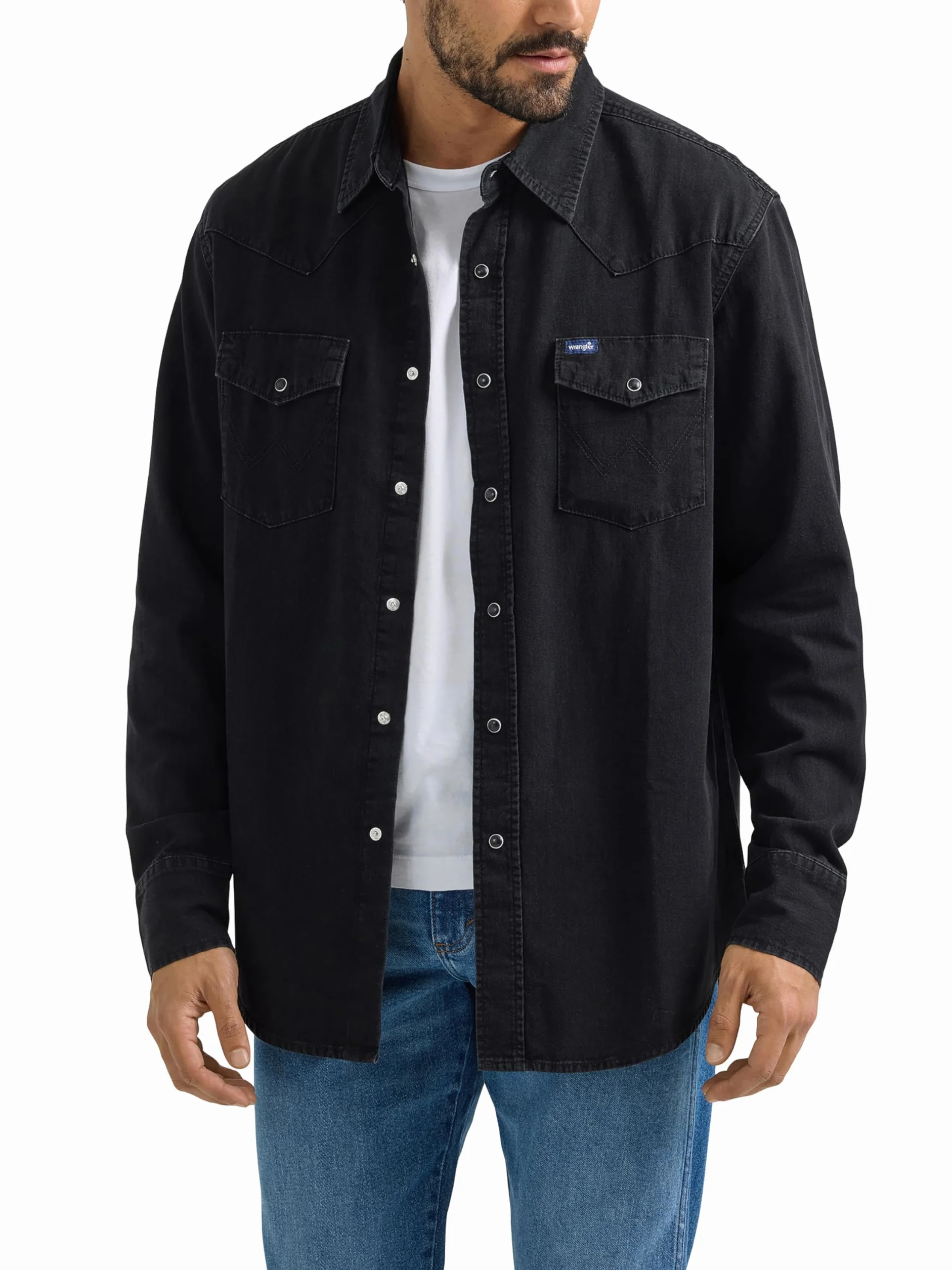 Wrangler Męska męska koszula dżinsowa z kolekcji zatrzaskowej męska koszula dżinsowa z kolekcji zatrzaskowej, Czarny denim, L Długi