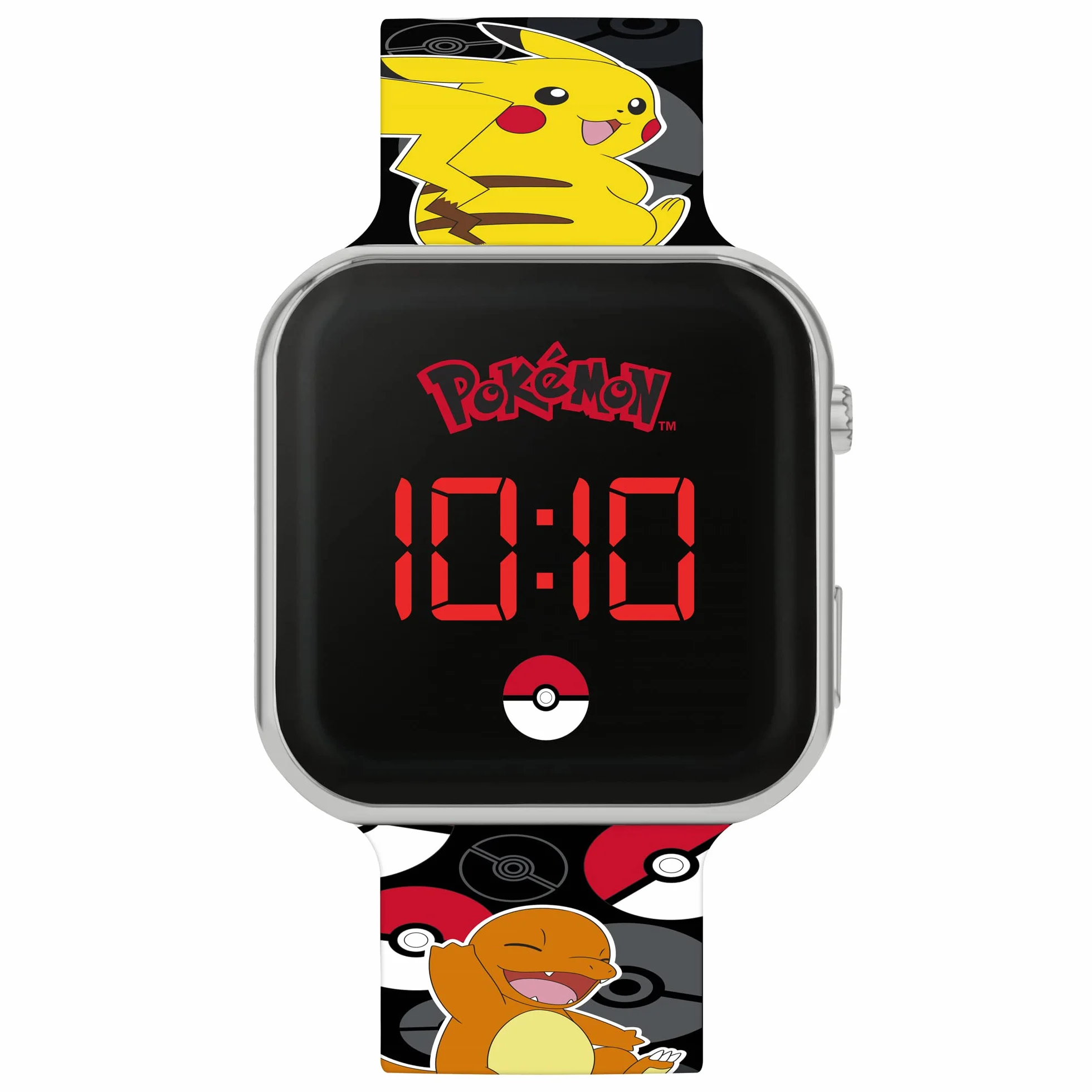Pokemon Cyfrowy zegarek kwarcowy dla chłopców z silikonowym paskiem POK4322, Czarny nadruk, pasek