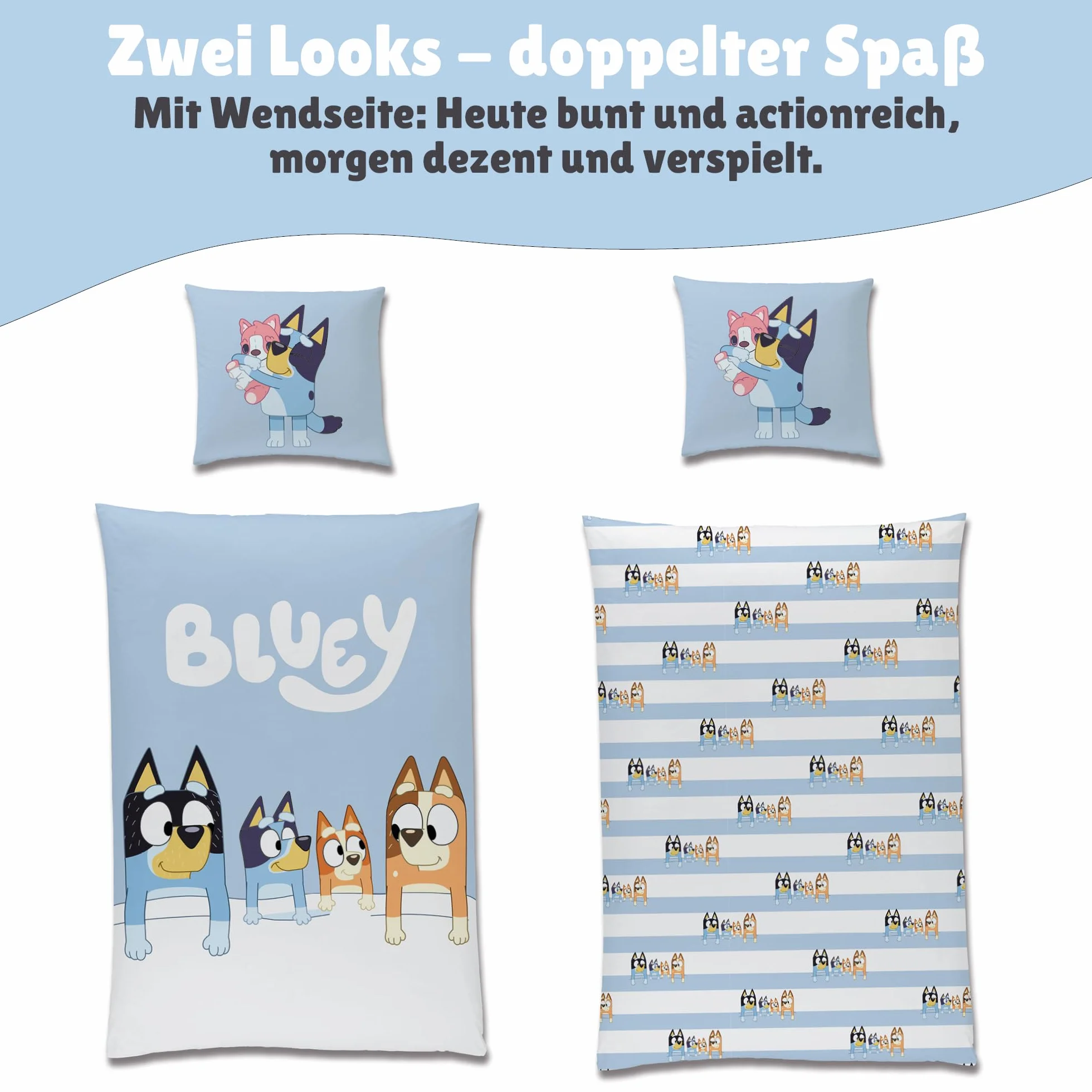 Bluey 2-częściowy zestaw pościeli 135x200 80x80 cm 100% bawełna zamek błyskawiczny dwustronny motyw paski