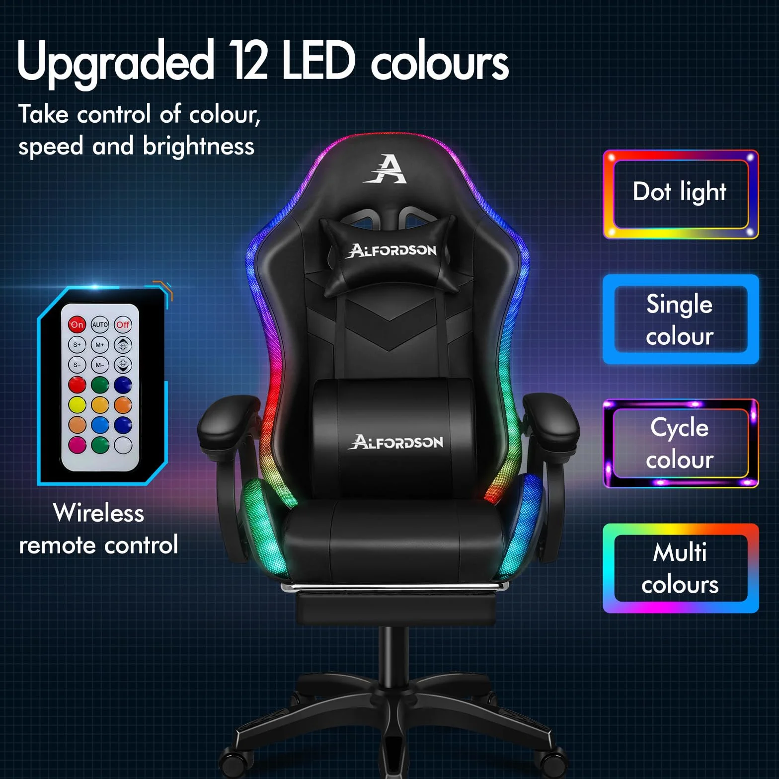 ALFORDSON Fotel gamingowy RGB LED Racing fotel gamingowy do masażu, ergonomiczne krzesło biurowe, podnóżki, kąt nachylenia 90-150°, obciążenie 180 kg, kolor czarny