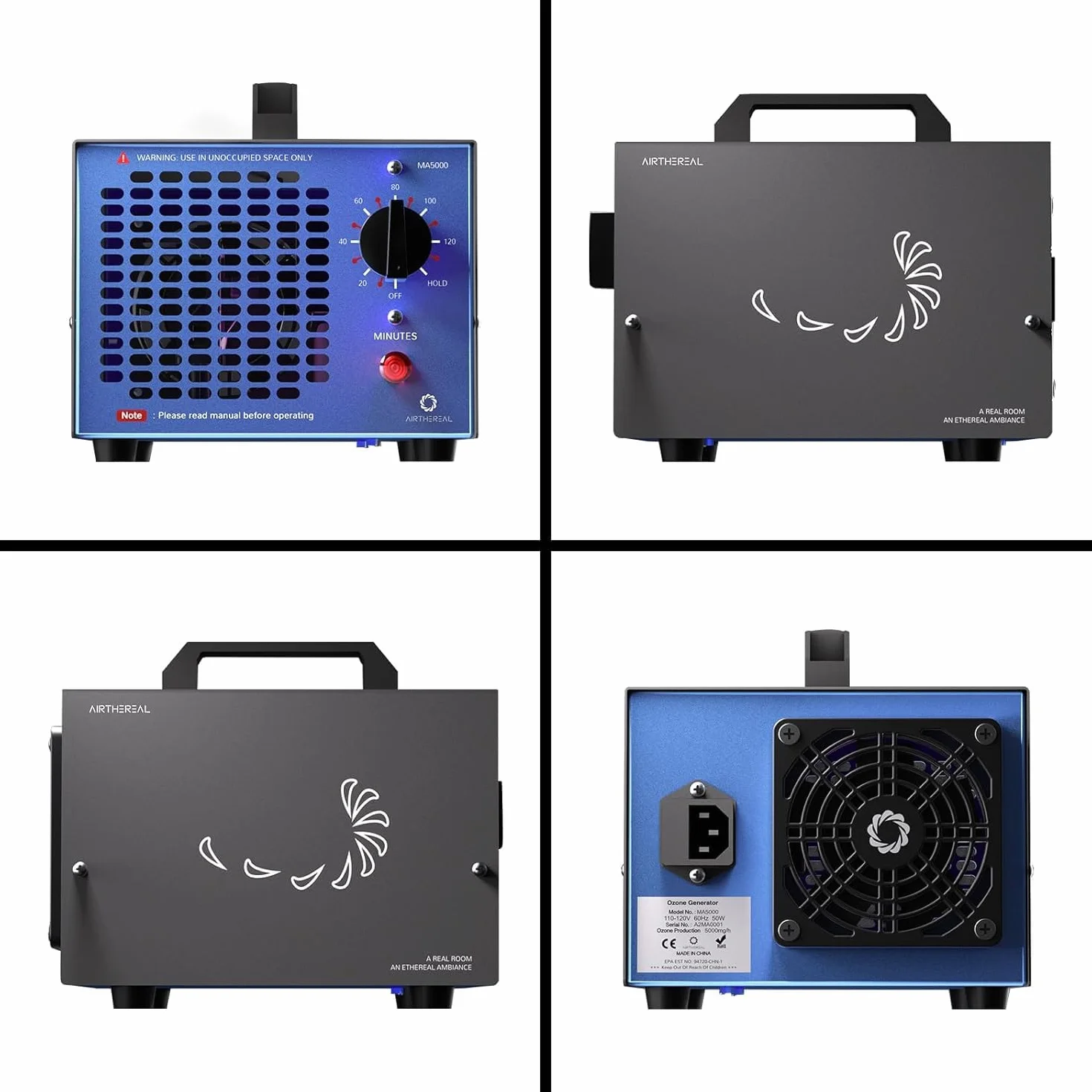 Airthereal MA5000 Komercyjny generator ozonu, ozonator z timerem, usuwa zapachy do 300 m², niebieski