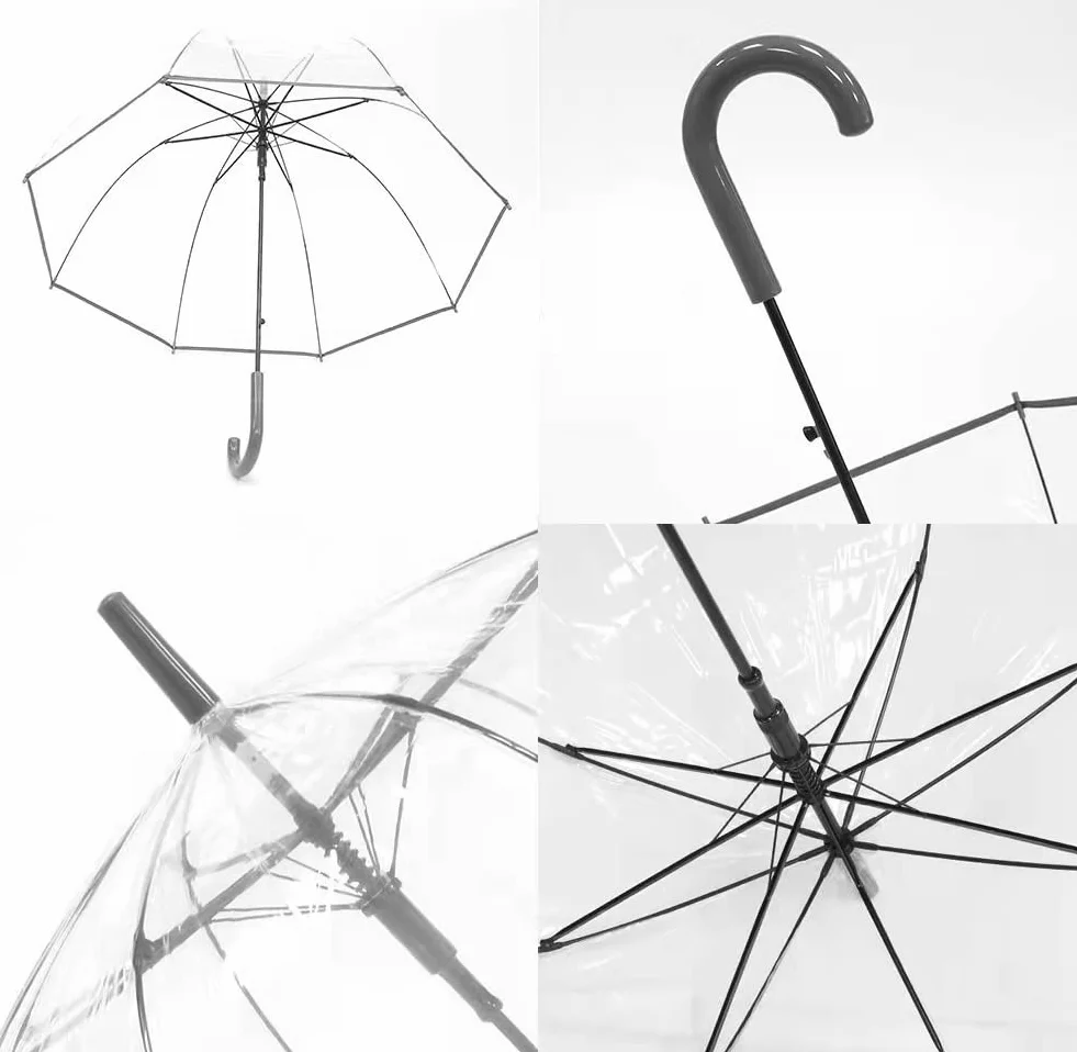 ThreeH Przezroczysty parasol bąbelkowy zakrzywiony uchwyt Solidny przezroczysty plastikowy parasol kopułowy z 8 żebrami automatycznie otwierane