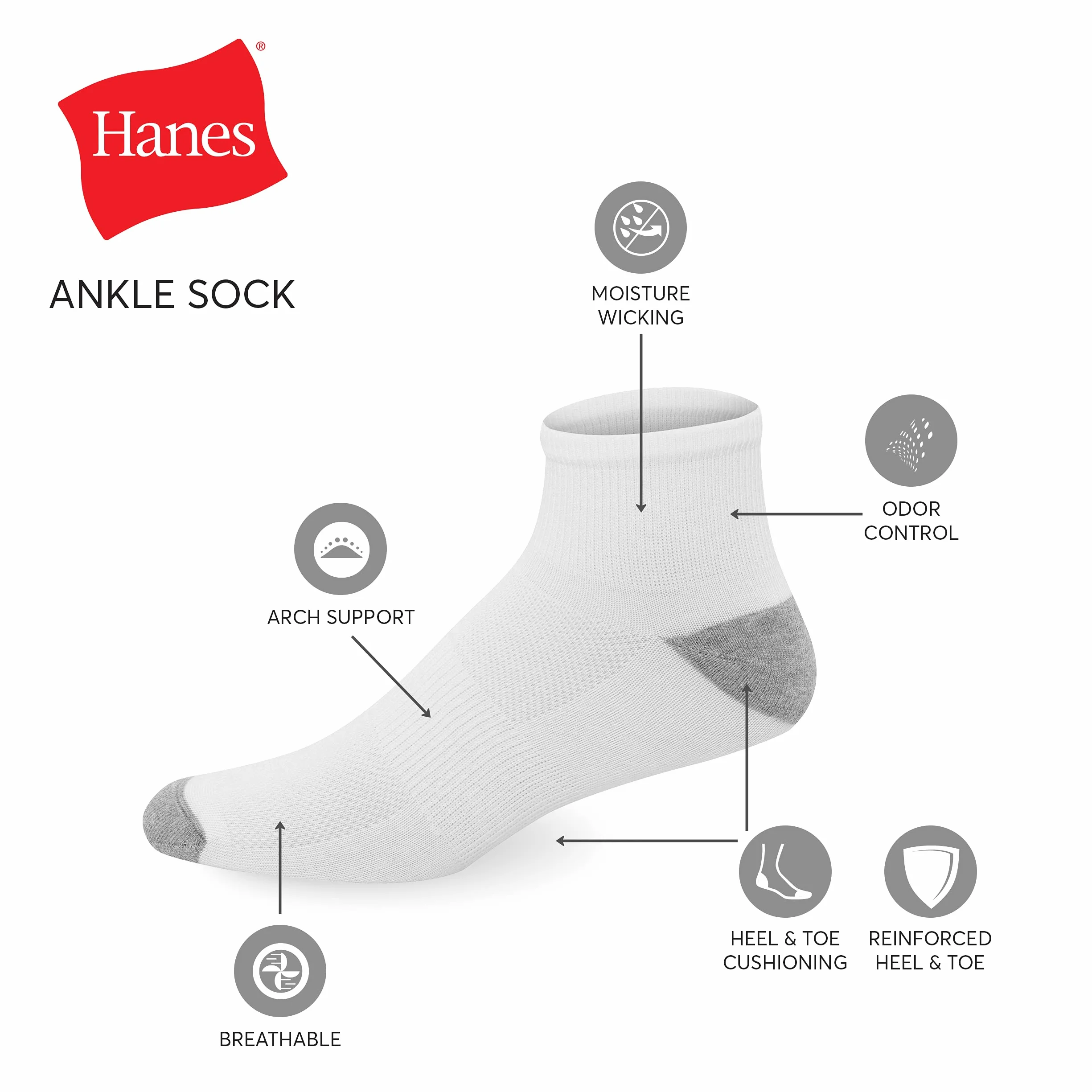 Hanes Męskie skarpety FreshIQ™ X-Temp® 12 szt. (LTAC16) - białe -6-12 - 12 szt