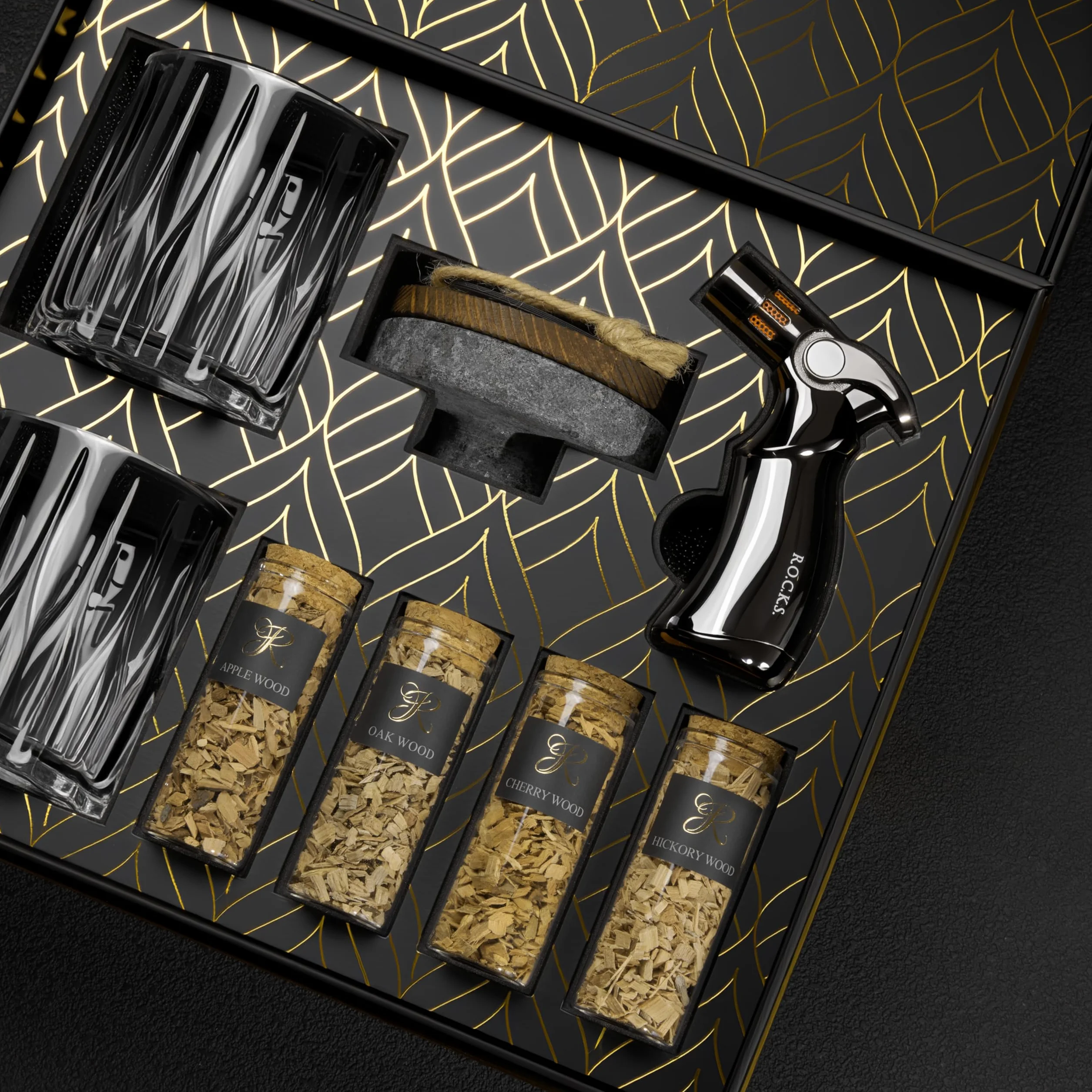 Zestaw do Wędzenia Koktajli z Granitu z Palnikiem – Wędzarka do Whisky i Bourbonu – Zestaw Old Fashioned z 4 Smakami Wiórków Drzewnych – Akcesoria Barowe Prezent dla Miłośników Whisky