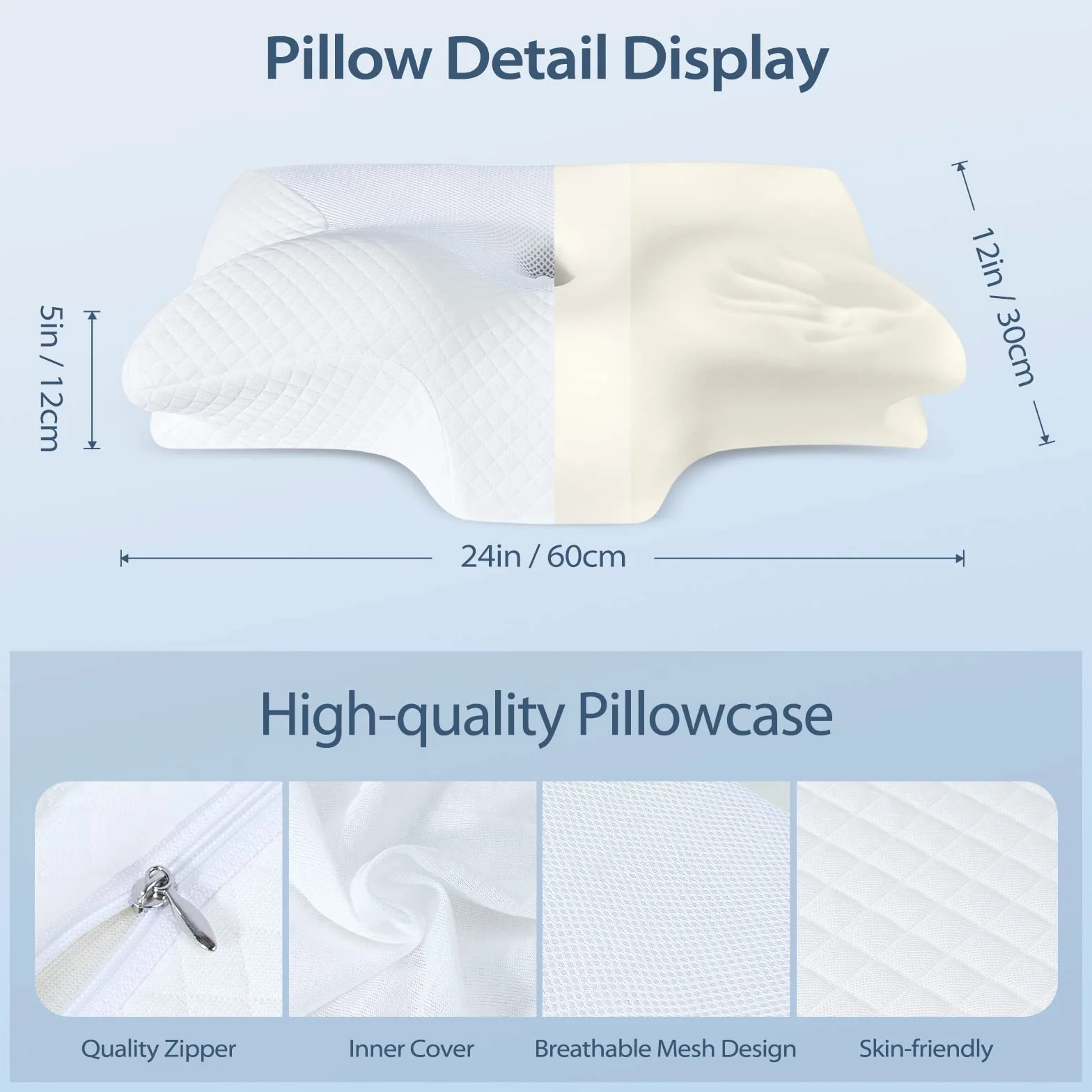 HOMCA Poduszka z pianki pamięciowej szyjna ergonomiczna konturowa 60x35x8/12cm Biały