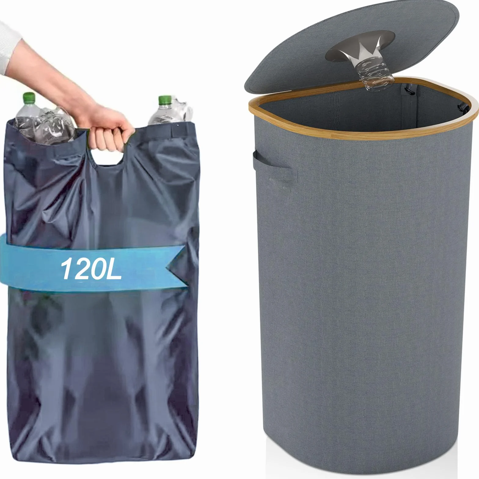 Szary Kosz do Recyklingu 120L z Pokrywką, Duży Pojemnik na Odpady i Butelki