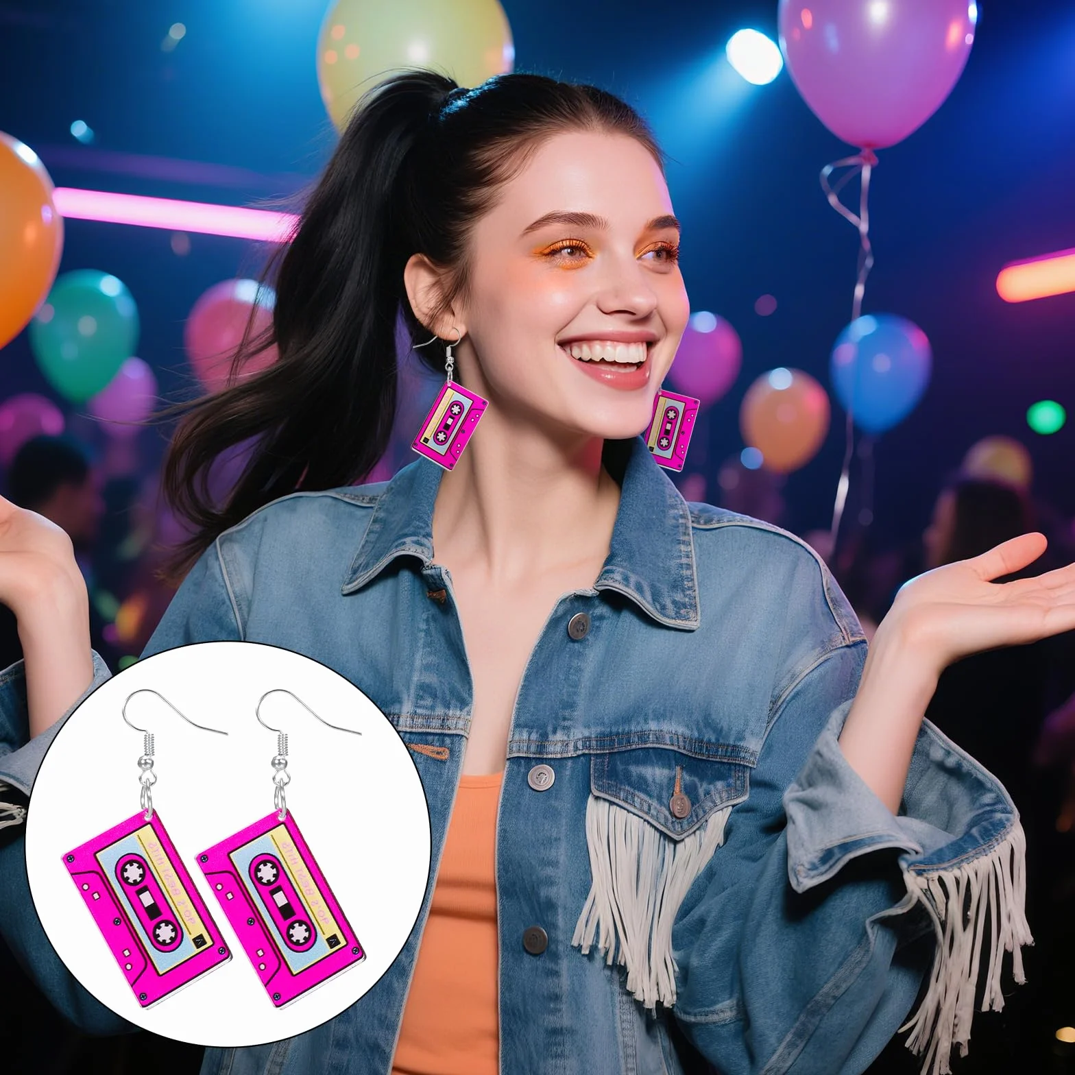 3 pary kolczyków w stylu retro z kasetą, neonowe kolczyki w stylu lat 80. i 90. dla kobiet w stylu lat 80. i 90., strój, imprezę tematyczną, akcesoria imprezowe