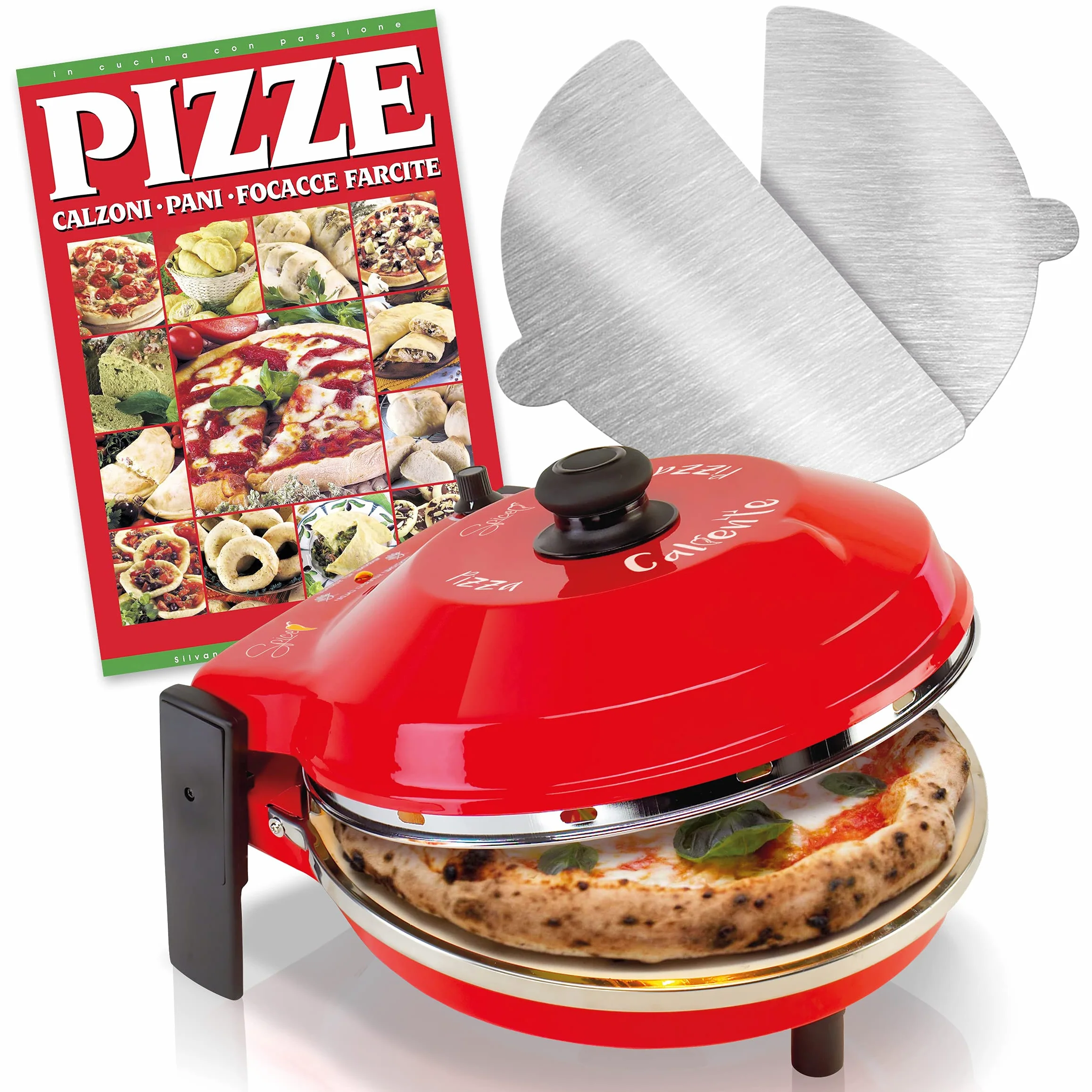 Piekarnik do pizzy z kamieniem ogniotrwałym 400°C, stal nierdzewna, 2 łopatki, książka kucharska