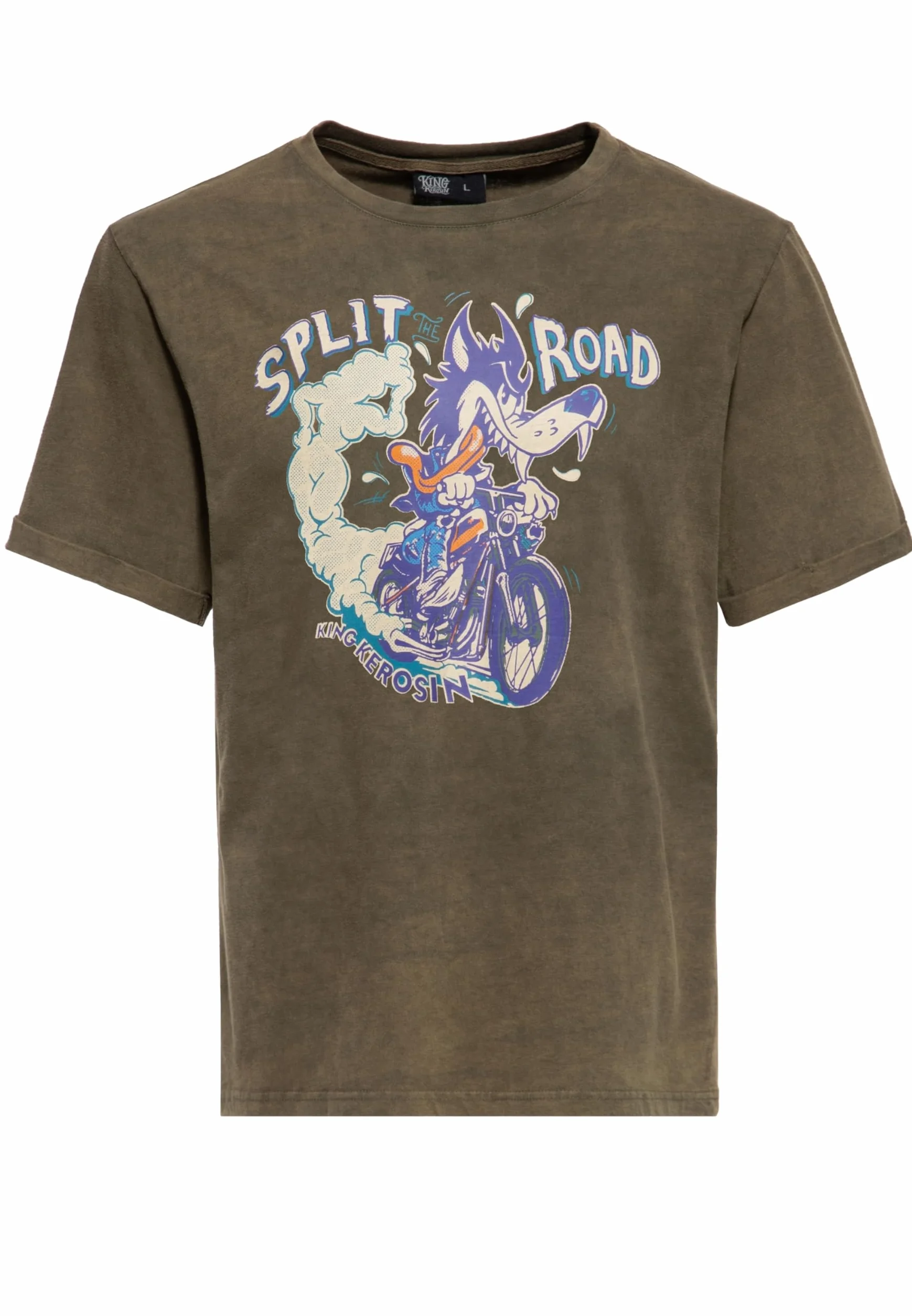 King Kerosin Męski T-shirt | koszulka z nadrukiem | koszulka z krótkim rękawem | styl vintage | krój regularny | rowerzysta | nadruk | grafika | kreskówka | komiks | retro Split Road
