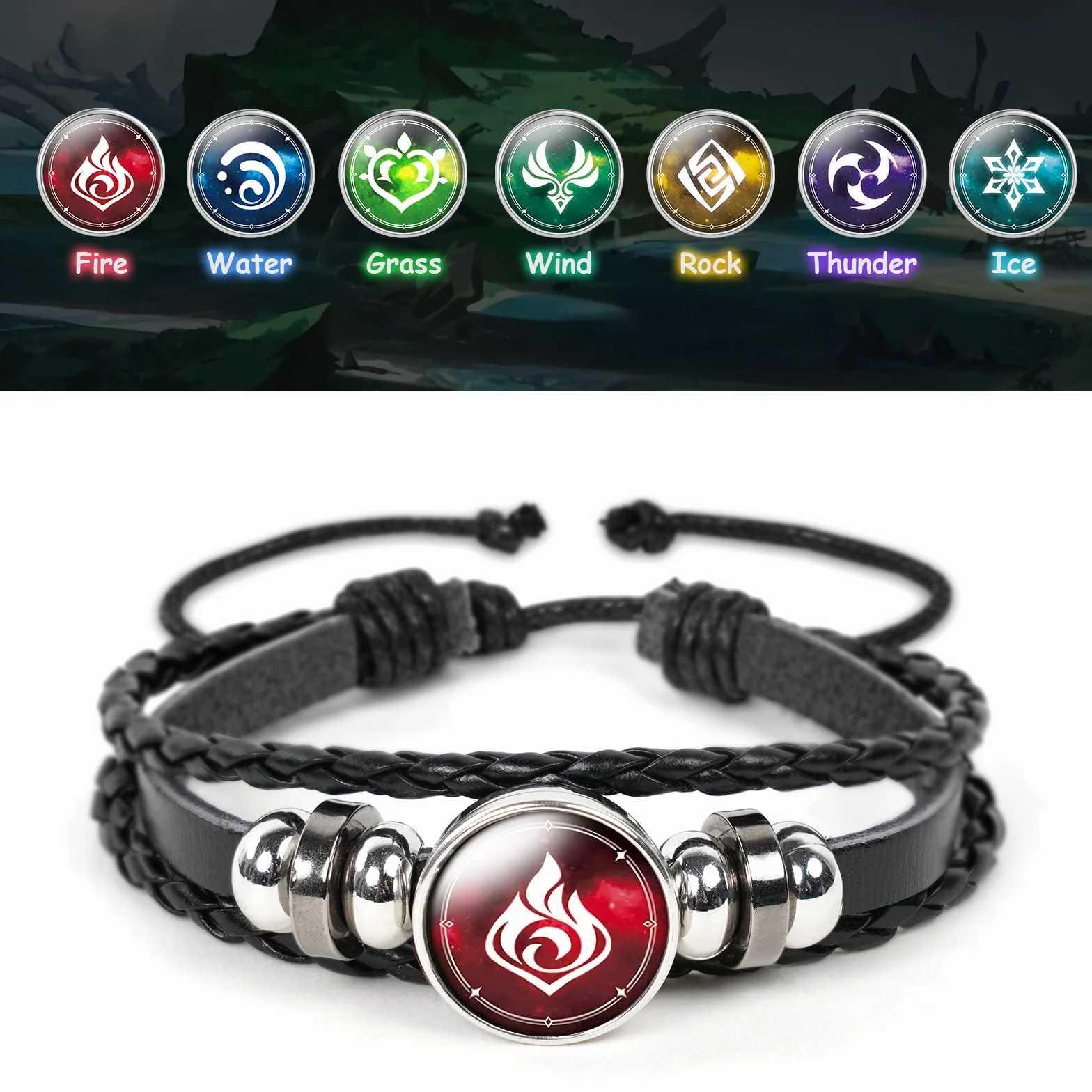 Aucuu Bransoletka Genshin Impact, unisex, Animne, świecąca bransoletka, Boże oko, cosplay, prezent, szczęśliwa opaska na nadgarstek z 7 elementami, zamiennik, ogień, lód, wiatr, trawa, skała, grzmot,
