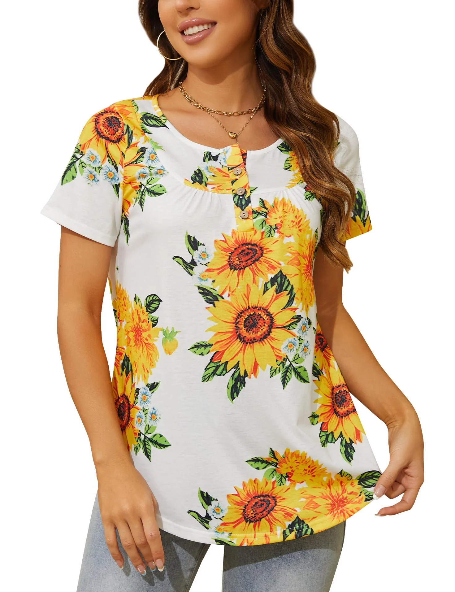 ANGGREK Kwiatowa tunika, damska letnia bluzka z krótkim rękawem, luźna, okrągły dekolt, plisowana listwa guzikowa, Henley Top, elegancka koszula, S-2XL