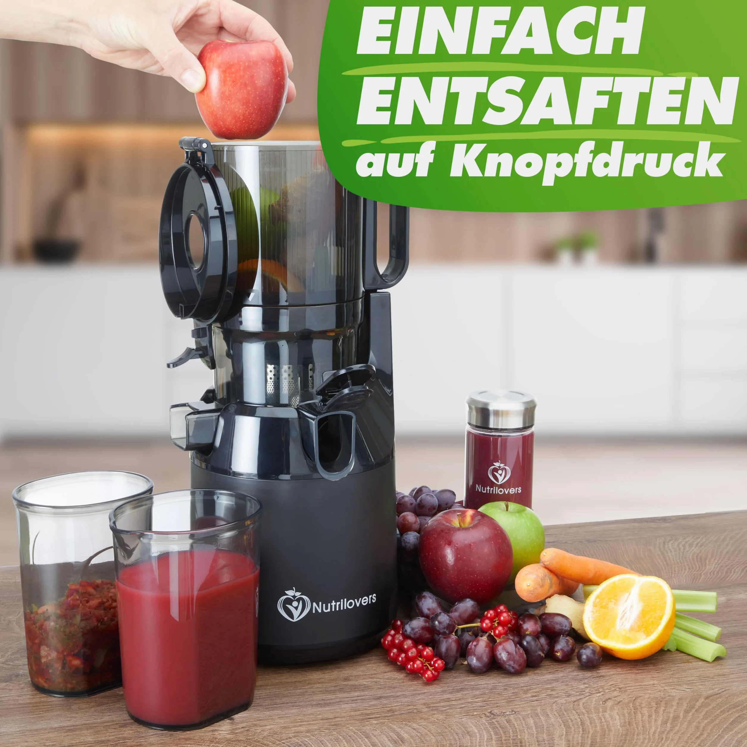 Nutrilovers Sokowirówka Slow Juicer NUTRI-PRESS MAX wyciskanie całych owoców otwór XXL 135 mm, bez BPA, zestaw z butelką