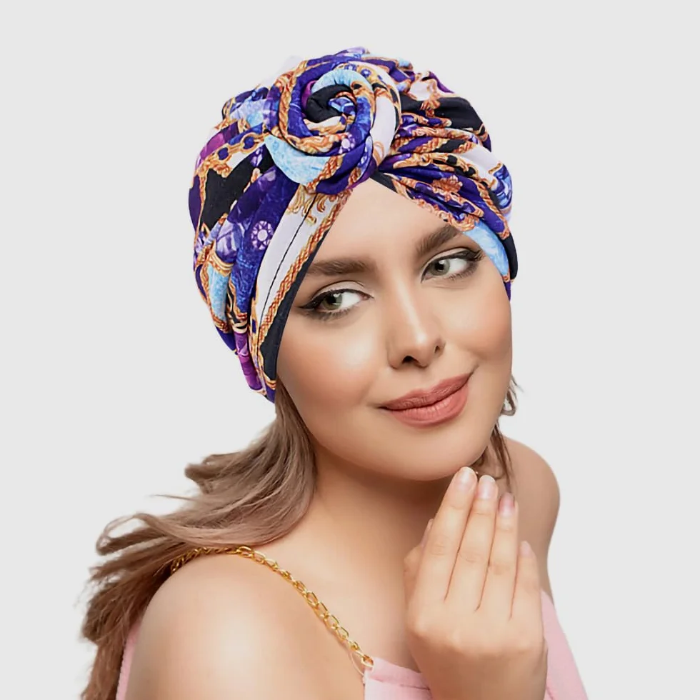 Afrykański turban damski, afrykański wzór, kwiaty, nakrycie głowy, chusta na głowę, czapka z daszkiem, czapka do spania, fioletowa, liliowy, 70