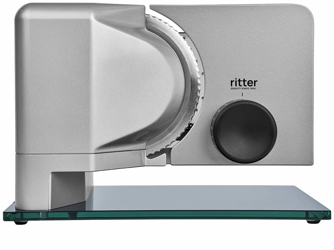 ritter sono 2 elektryczna krajalnica do chleba, wędlin i sera, wykonana z metalu, z silnikiem ECO, Made in Germany, srebrna