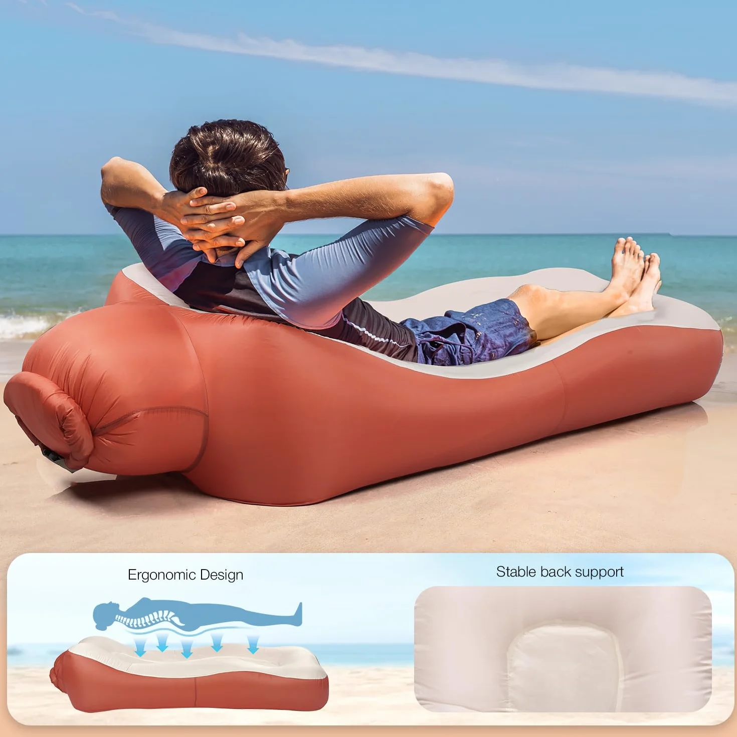 Nadmuchiwana sofa powietrzna, lekka, przenośny, nadmuchiwany leżak z torbą do przenoszenia, wodoodporna, dmuchana sofa kempingowa, na plażę, basen, festiwal muzyczny, czerwony i beżowy
