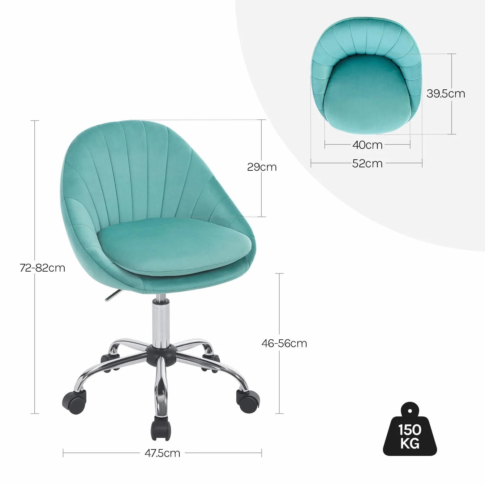 WOLTU Krzesło biurowe, ergonomiczne, obrotowe, z kółkami, obciążenie 150 kg, do gabinetu, sypialni, aksamitne, turkusowe, BS167ts