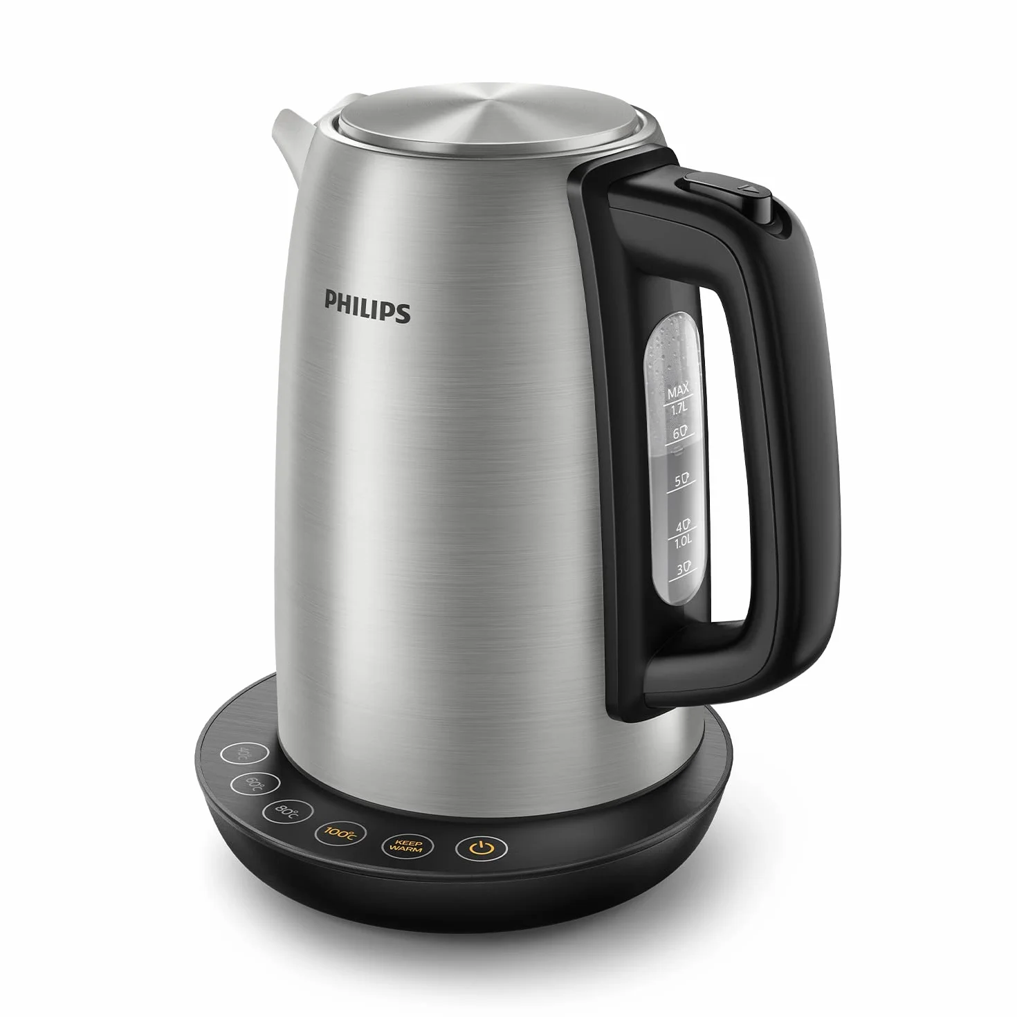 Philips Czajnik elektryczny - 1,7 l, Regulacja temperatury, Funkcja utrzymywania ciepła, Pokrywka z mechanizmem sprężynowym, Wskaźnik świetlny, Stal szlachetna, Obrotowa podstawa (HD9359/90)