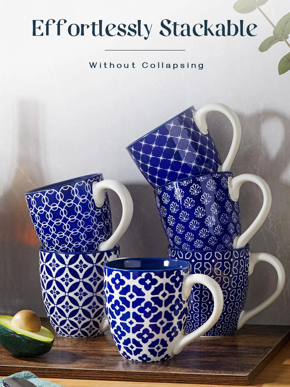 DOWAN Zestaw filiżanek do kawy 6 x 560 ml porcelanowe duże kubki chiński tradycyjny styl niebieski biały