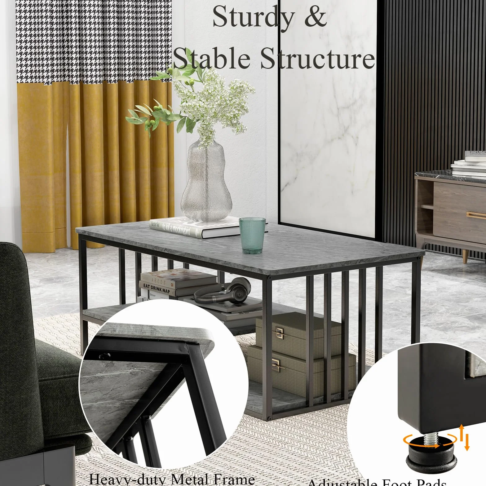 LIFEZEAL Stół Centrum Salonowe, z efektem marmuru, niski stół sofa, Drewno+metal, nowoczesny, otwarty stojak, 110 x 60 x 45 cm