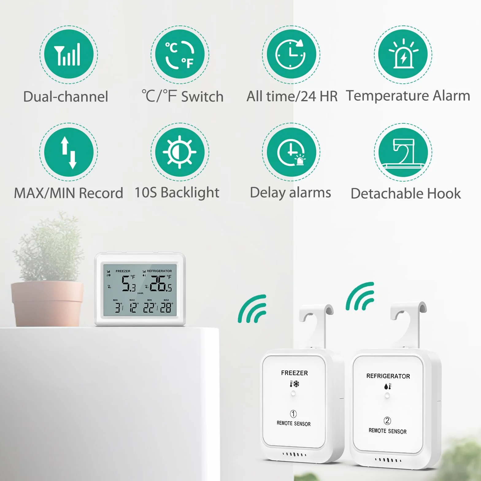 ORIA Cyfrowy termometr do lodówki 2 bezprzewodowe czujniki 3,7" ekran alarm min/max ℃/℉