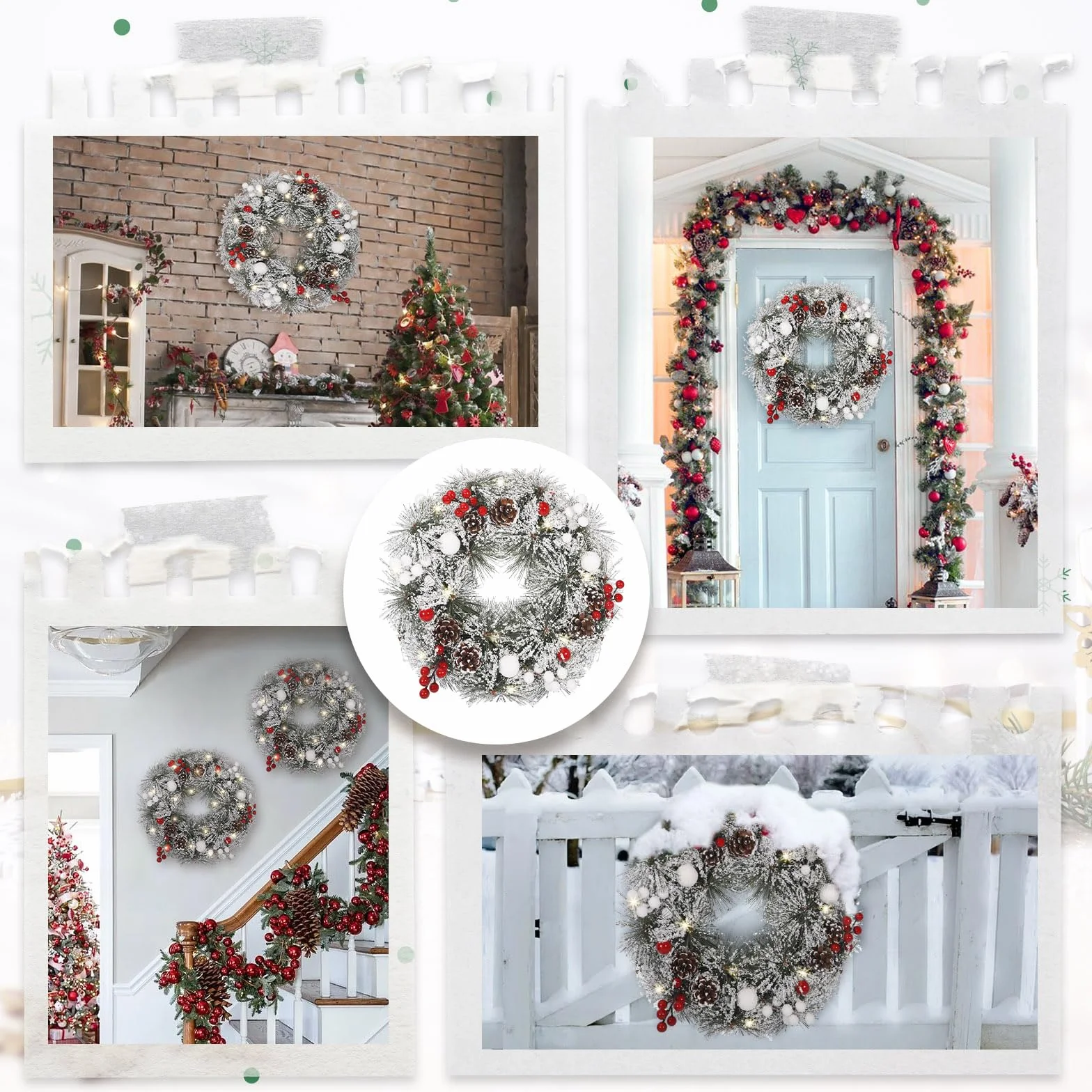 Wieniec świąteczny GLOSKIN 30 cm biały LED z jagodami i szyszkami