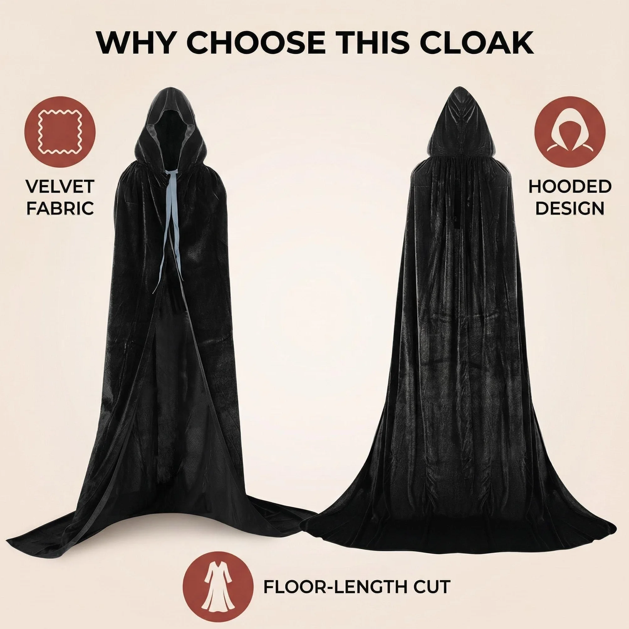 Proumhang Czarny Płaszcz z kapturem Długi aksamit Dla dorosłych Unisex Fancy Dress Kostium Halloween Boże Narodzenie-170cm