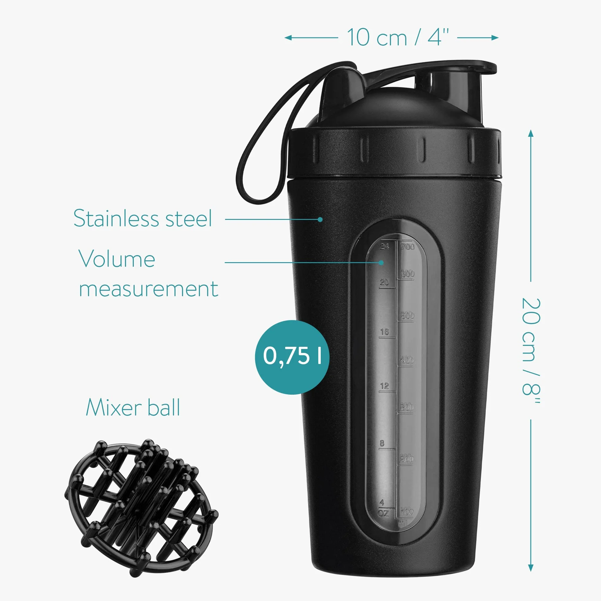 Navaris Protein Shaker butelka ze stali nierdzewnej 750 ml kubek fitness na shake białko sportowa butelka na koktajle proteinowe