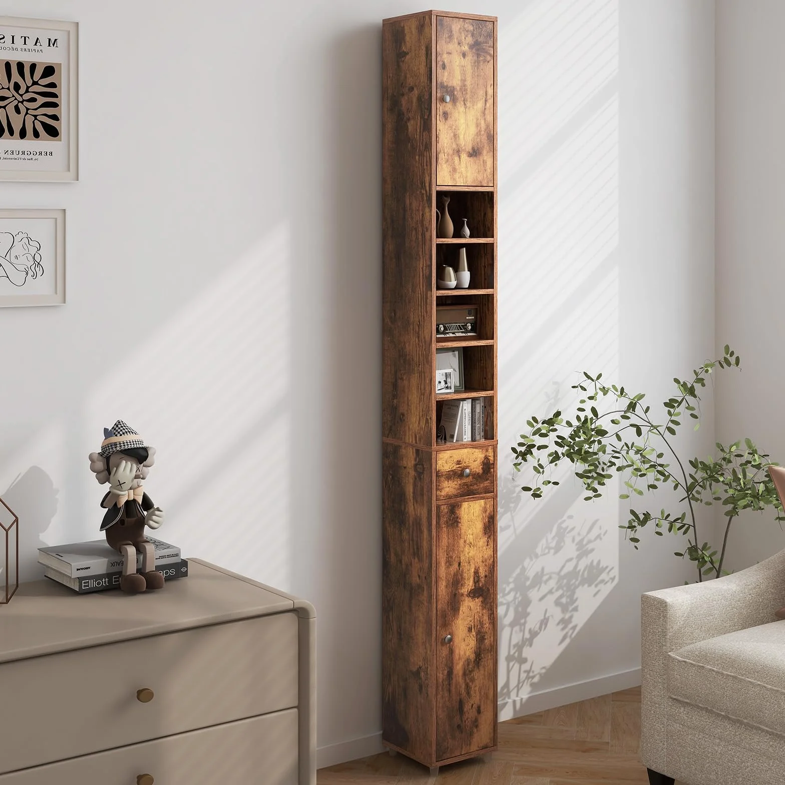 COSTWAY Szafka łazienkowa wysoka wąska z 2 drzwiczkami 1 szufladą regał 20x20x180 cm brązowy