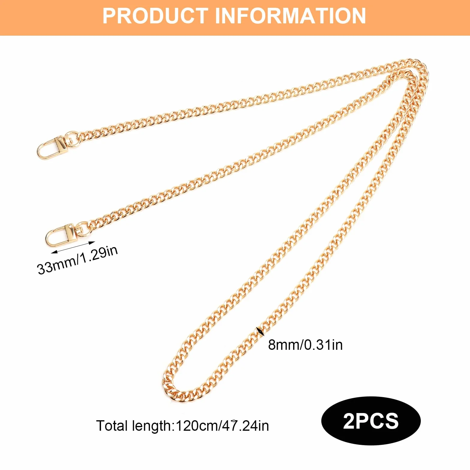 Zestaw 2 łańcuszków do torebki, złote, 120 cm, metalowy pasek na ramię, wytrzymały pasek do noszenia, łańcuszek zastępczy do toreb DIY, uniwersalny łańcuszek do torby i łańcuszka o eleganckim