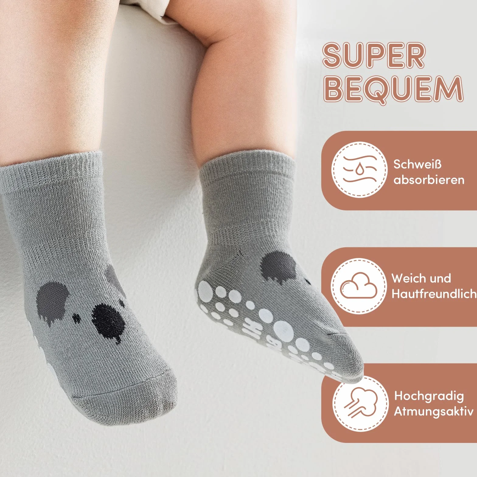 SockWaddles skarpetki dziecięce, 5 par oddychających skarpetek antypoślizgowych dla dzieci z ABS, skarpetki do raczkowania dla dzieci z bawełny, zwierzętami i jednorożcami