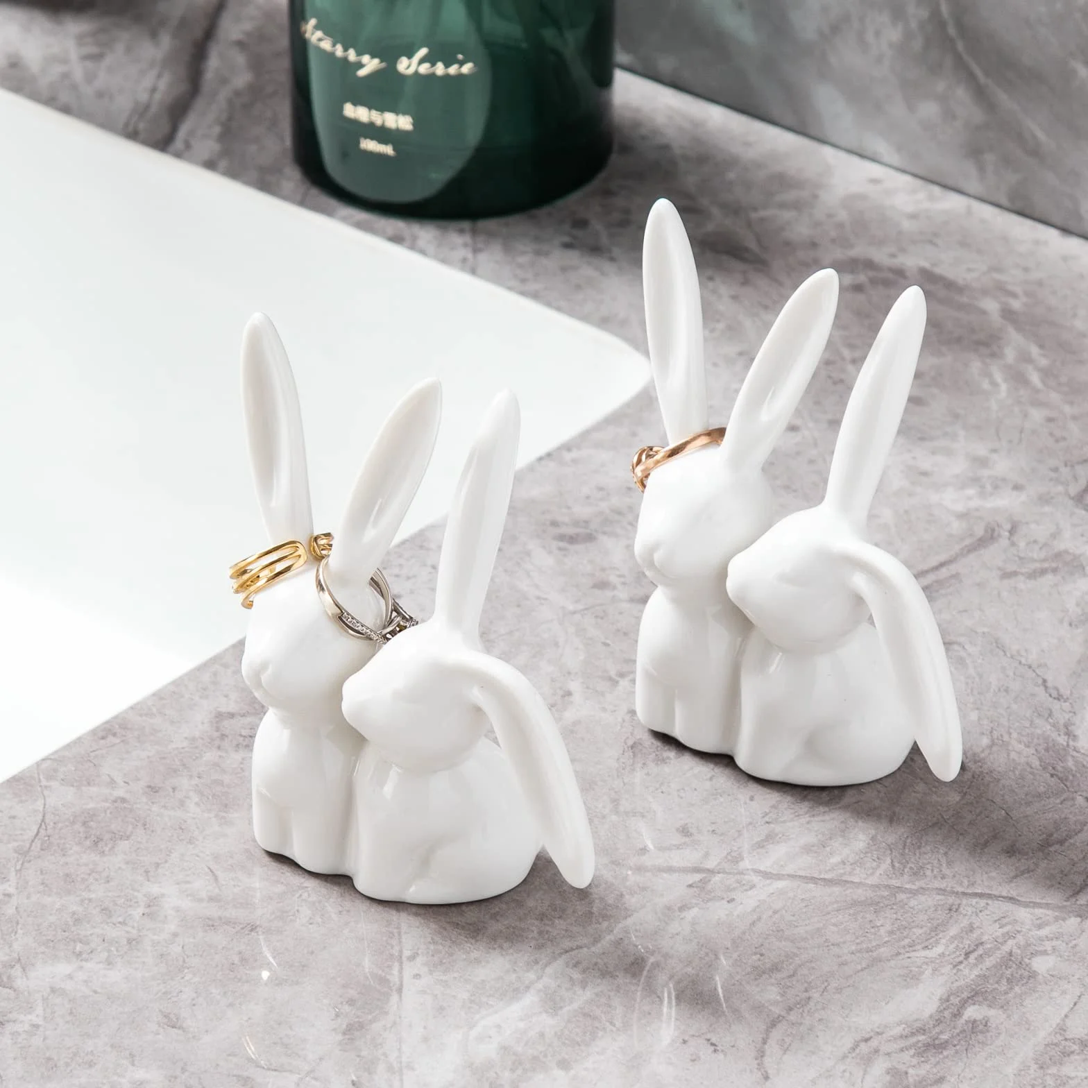 Yundu Ceramiczny uchwyt na biżuterię z królikiem, stojak na pierścionek zaręczynowy, stojak na biżuterię, uroczy wystrój pokoju preppy, urocze prezenty dla kobiet