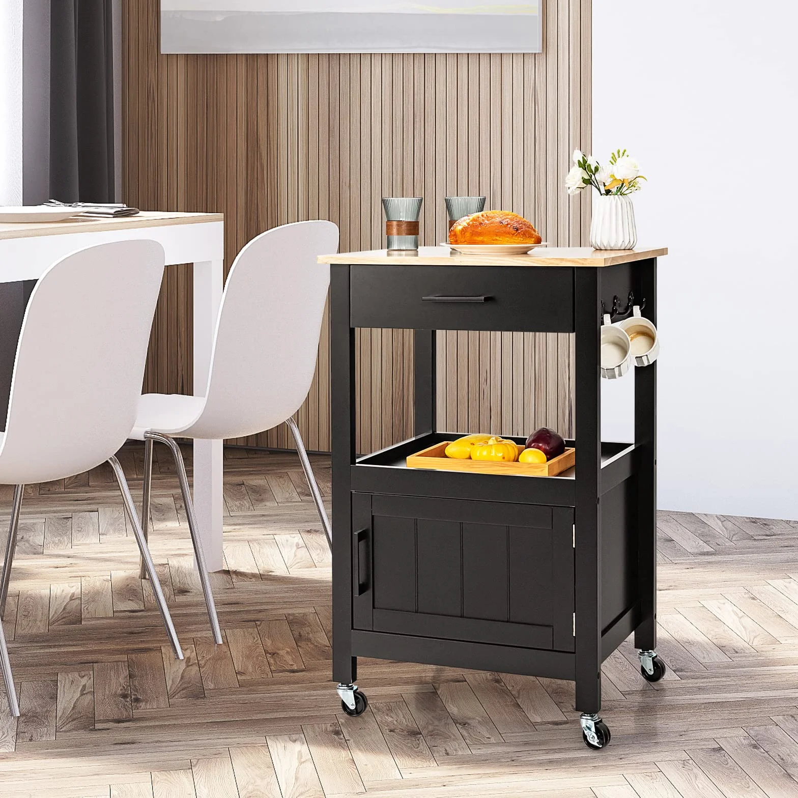 COSTWAY Mały Wózek Kuchenny na Kółkach, Wózek do Serwowania z Szafą, Szufladą i 3 Haczykami, Blat Roboczy z Drewna, Wyspa Kuchenna w Stylu Wiejskim, 56 x 46 x 89 cm