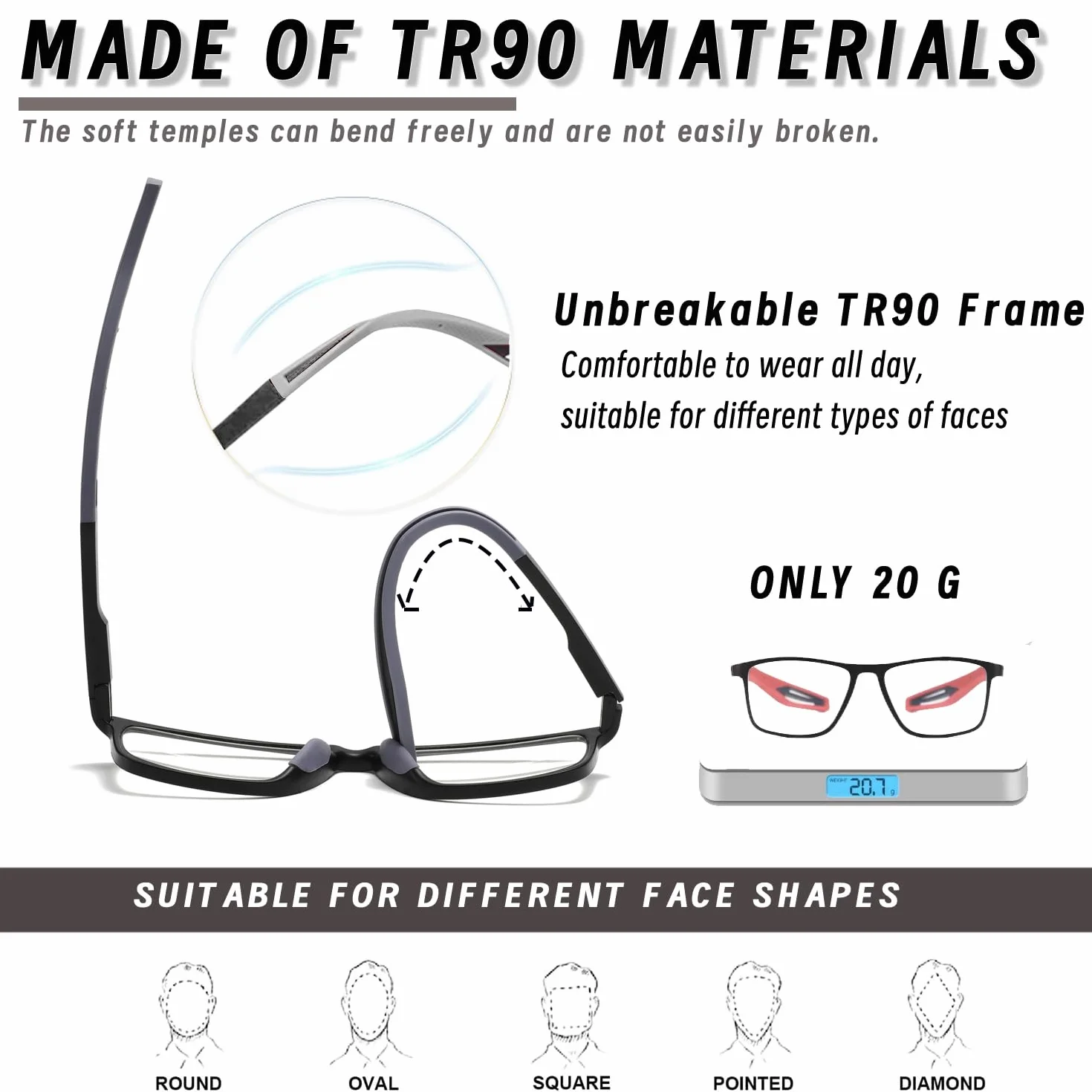 Hubeye Sportowe okulary do czytania TR90 Ultralight kwadratowe chroniące przed niebieskim światłem