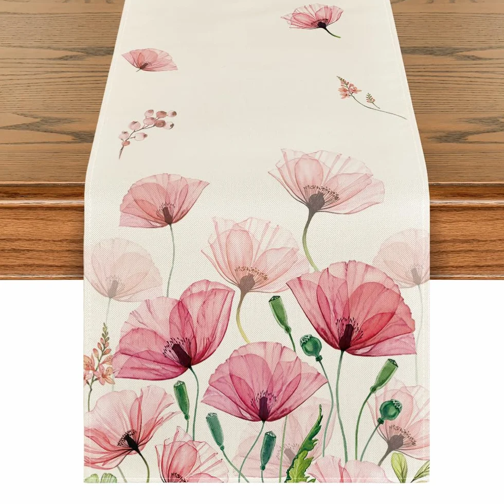 Artoid Mode Liść maku, wiosenny bieżnik na stół, lato, sezonowy, dekoracja stołu kuchennego, na urlop, imprezę, 40 x 100 cm