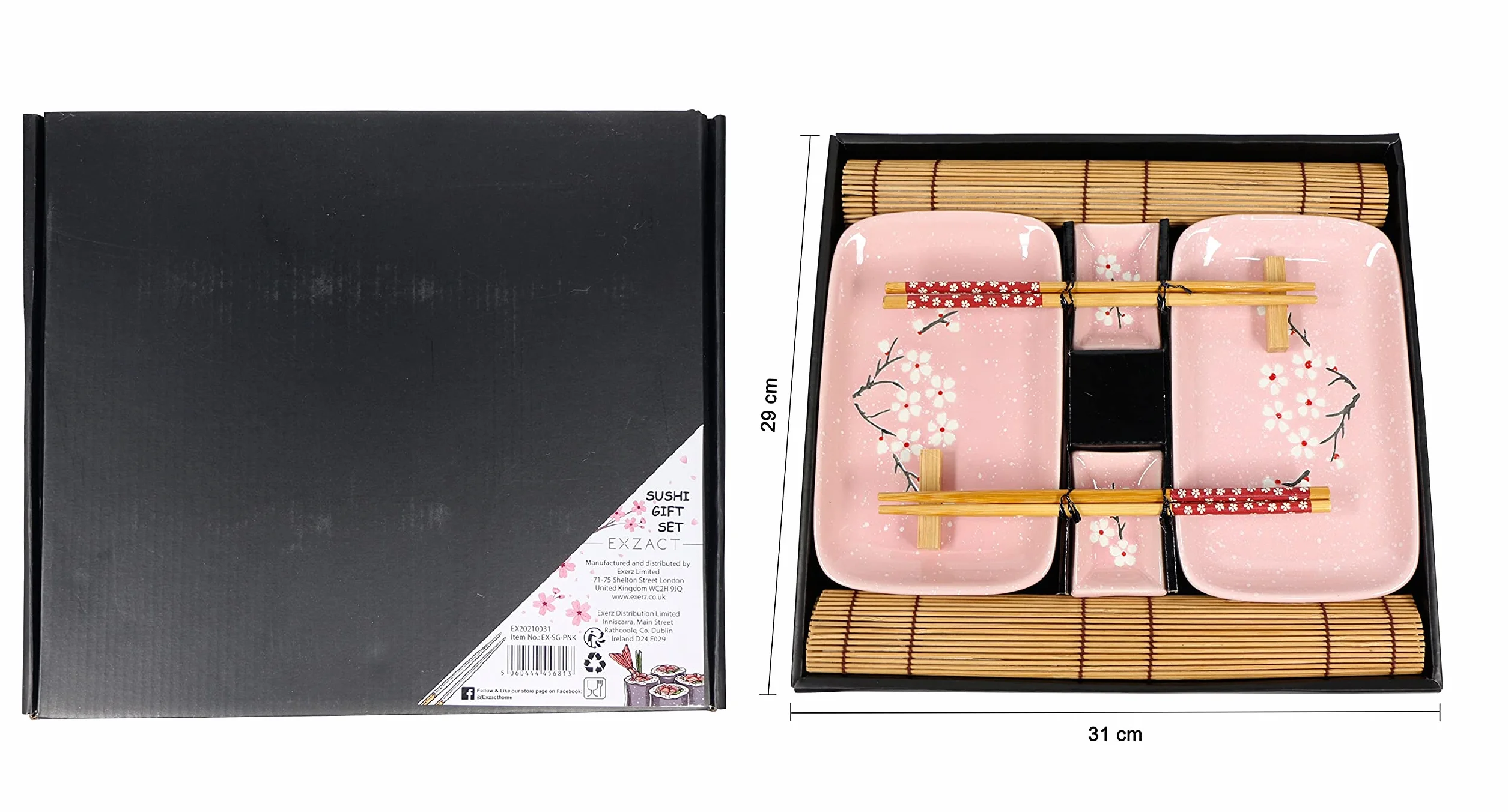 EXZACT Zestaw talerzy do sushi, 10 szt., 2 x talerze do sushi, 2 x miski do dipów, 2 x podkładki, 2 x podpórki na pałeczki, 2 pary pałeczek, wysokiej jakości porcelana, pudełko upominkowe, różowe