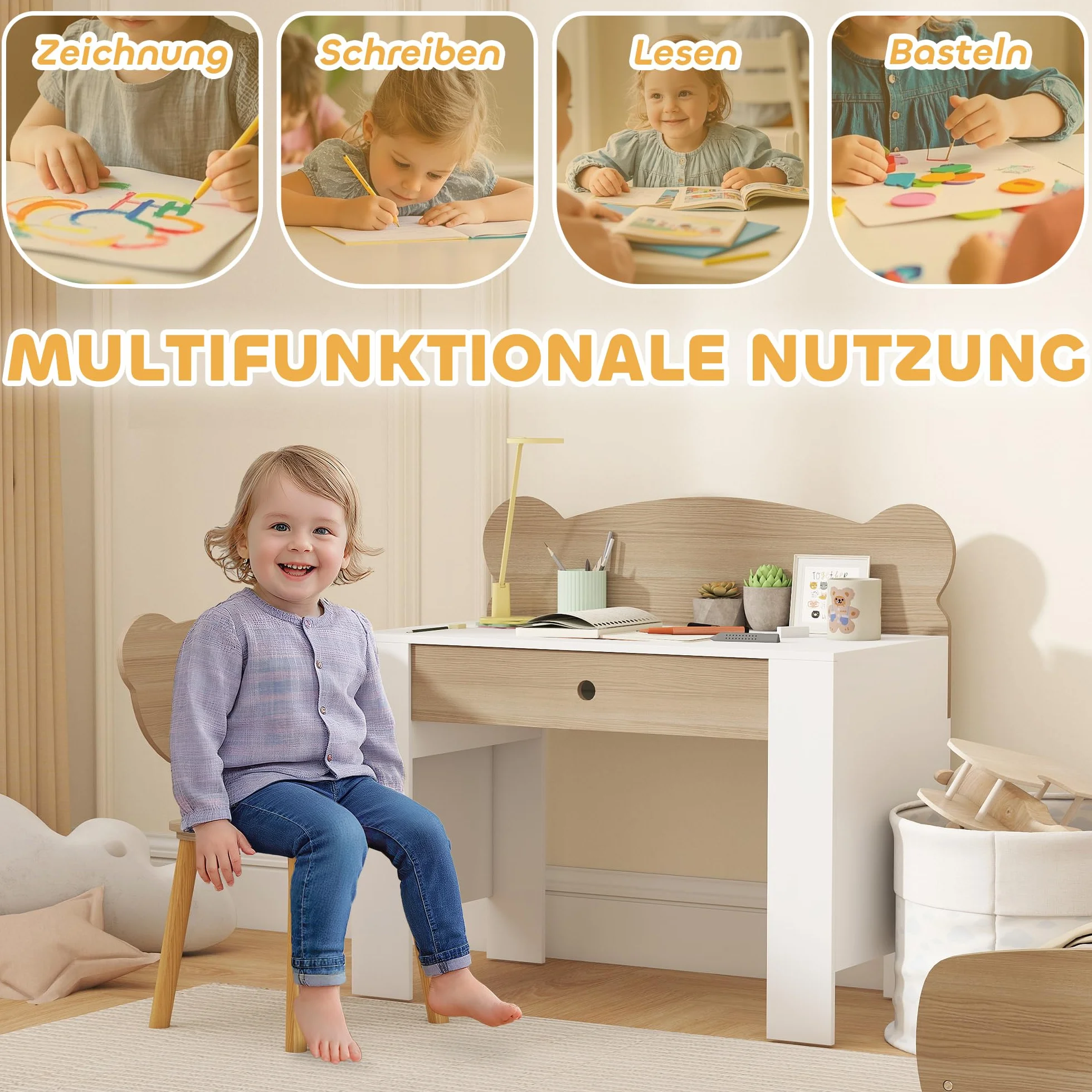 AIYAPLAY Biurko dziecięce z blatem i szufladą, biurko i krzesło dla dzieci w kształcie misia, biurko dla uczniów, dla chłopców i dziewczynek, naturalne drewno
