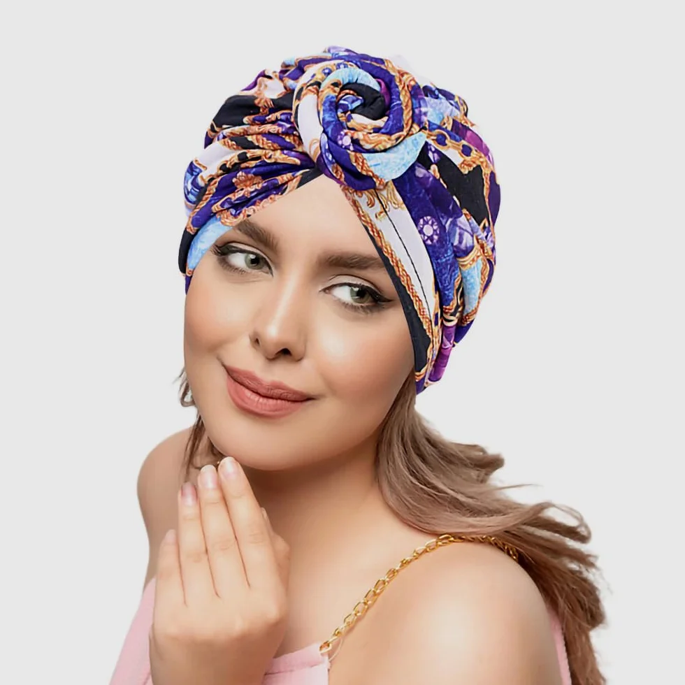 Afrykański turban damski, afrykański wzór, kwiaty, nakrycie głowy, chusta na głowę, czapka z daszkiem, czapka do spania, fioletowa, liliowy, 70