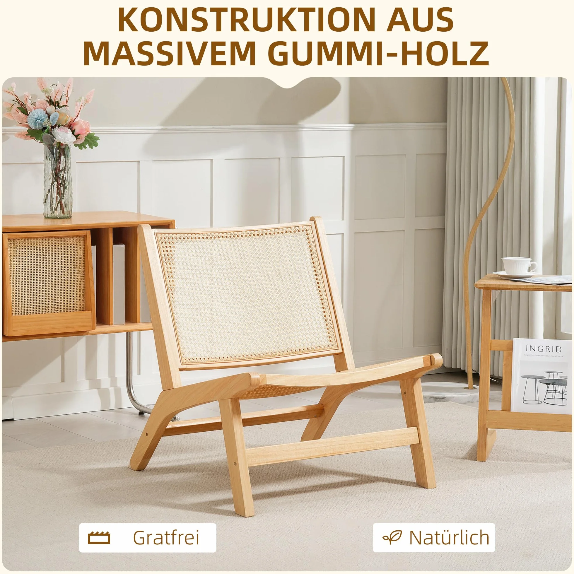 HOMCOM Fotel relaksacyjny bez podłokietników, krzesło z rattanowym oparciem, drewniana rama, fotel do czytania do salonu, sypialni, naturalne drewno