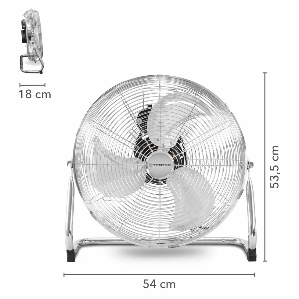 TROTEC Wentylator podłogowy TVM 18 – 100 W, kąt nachylenia 110°, 3 prędkości, Ø 45 cm, podstawa odporna na przechylanie, cichy, srebrny