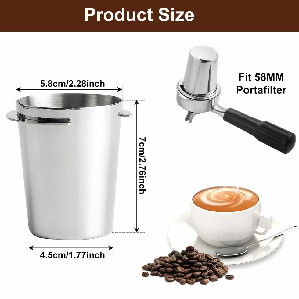 Kubek dozujący ze stali nierdzewnej 58 mm do kawy espresso srebrny